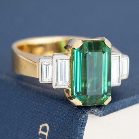 4.92ct Vintage Tourmaline & Baguette Cut Diamond Ring