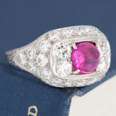 4.95ctw Art Deco Old European Cut Diamond & Ruby Dome Ring