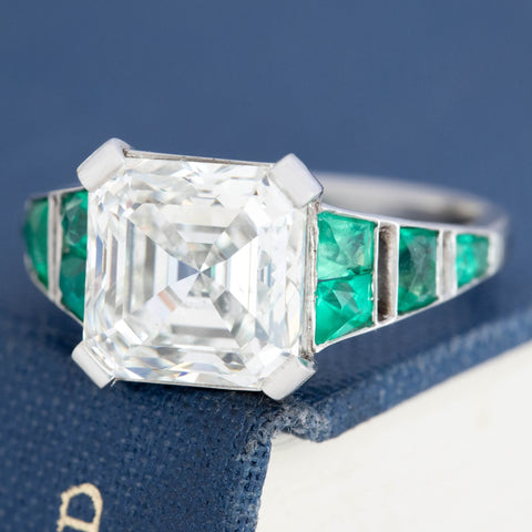 5.01ct Vintage Asscher Cut Diamond & Emerald Ring, GIA