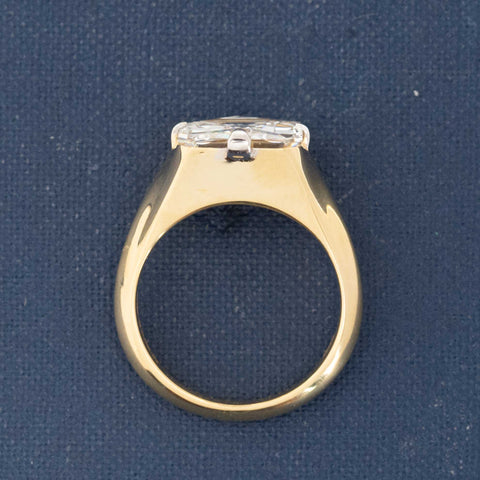 Side view of unique diamond Tycoon cut vintage ring set in custom yellow gold with white tipped prongs