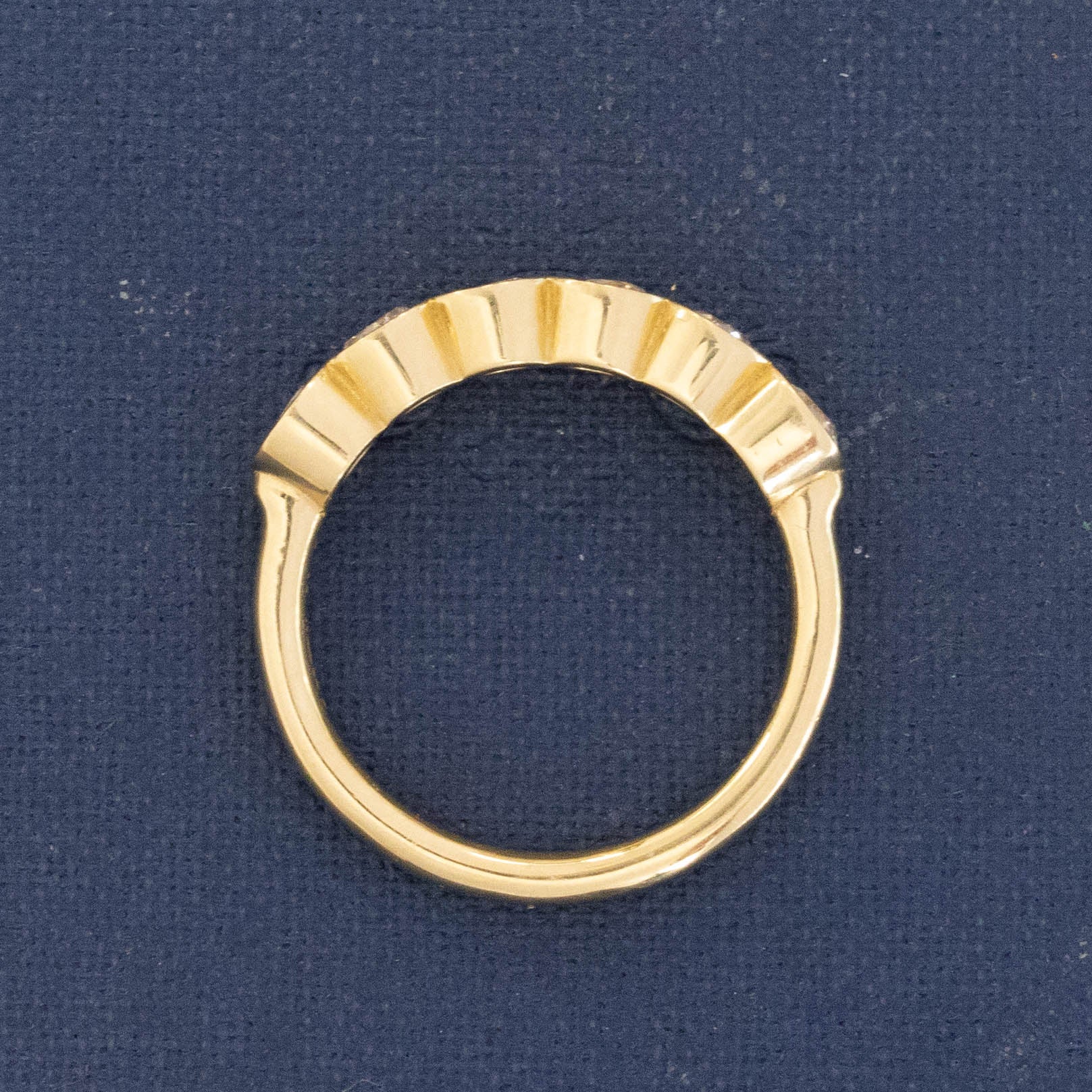 Side view of .52ctw Old European Cut Diamond 6-Stone Bezel Band, natural Earth-mined Old European Cut Diamonds in yellow gold.