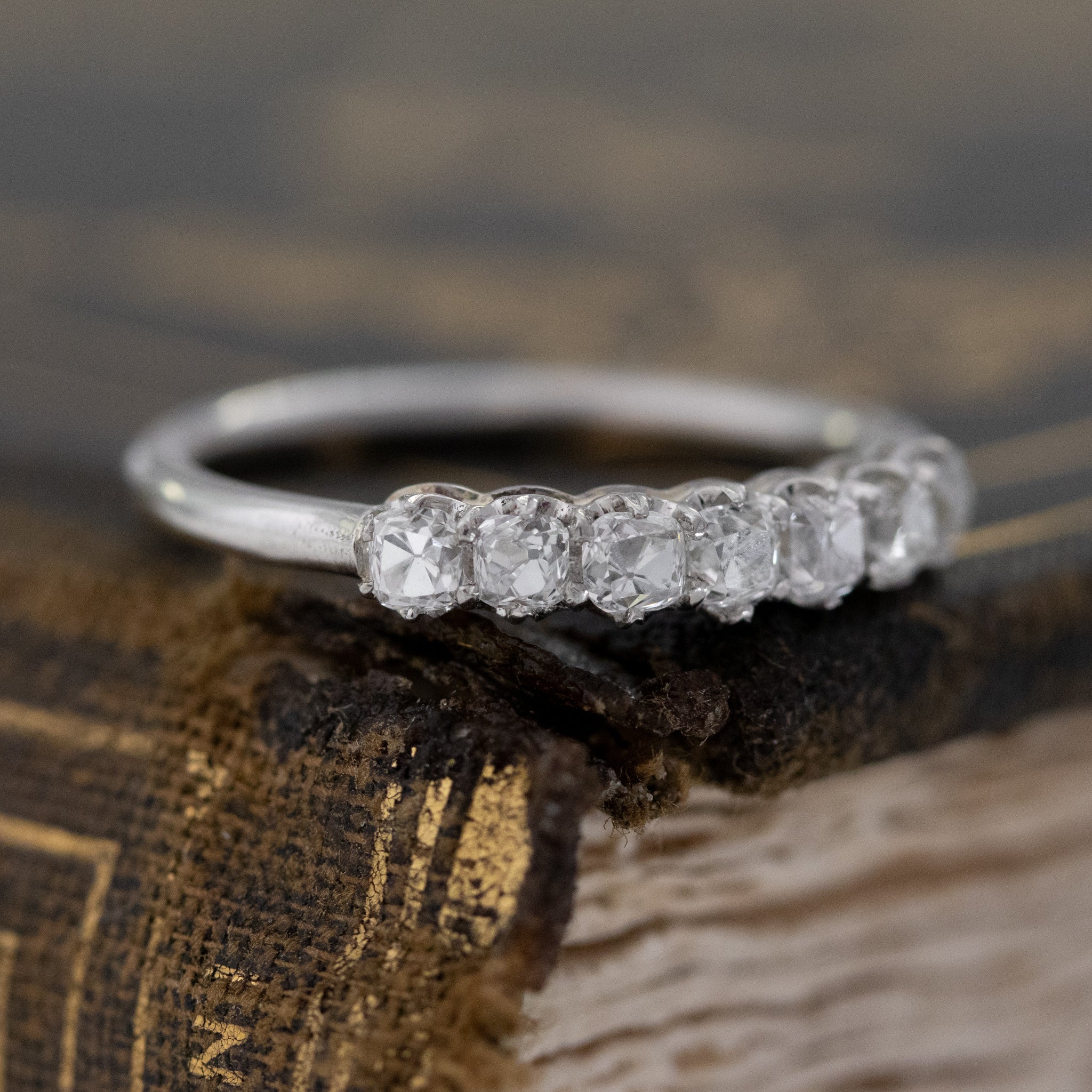 Antique lovers’ .53ctw Petite Old Mine Cut Diamond Band in platinum, featuring rare Earth-mined Old Mine Cut Diamonds.