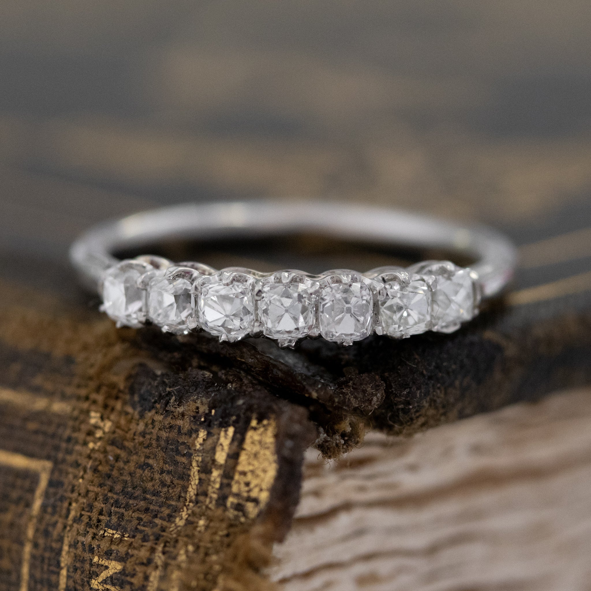 .53ctw Petite Old Mine Cut Diamond Band with Old Mine Cut Diamonds in platinum, antique-inspired one-of-a-kind wedding band.