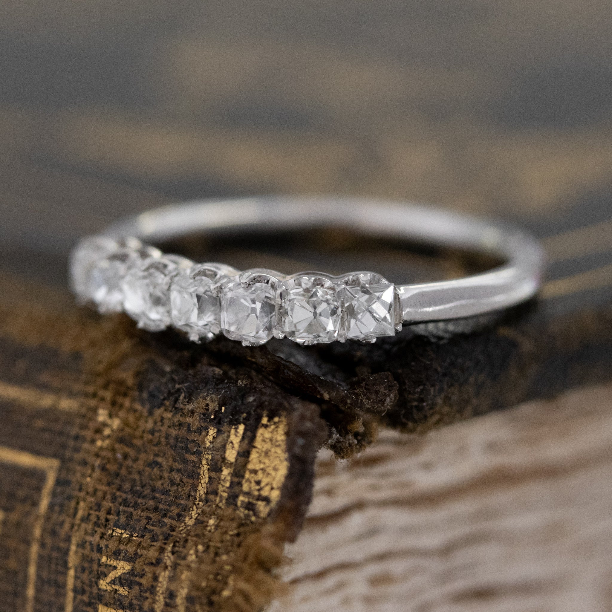 Close-up of .53ctw Petite Old Mine Cut Diamond Band, vintage-inspired band with Old Mine Cut Diamonds, crafted in platinum.
