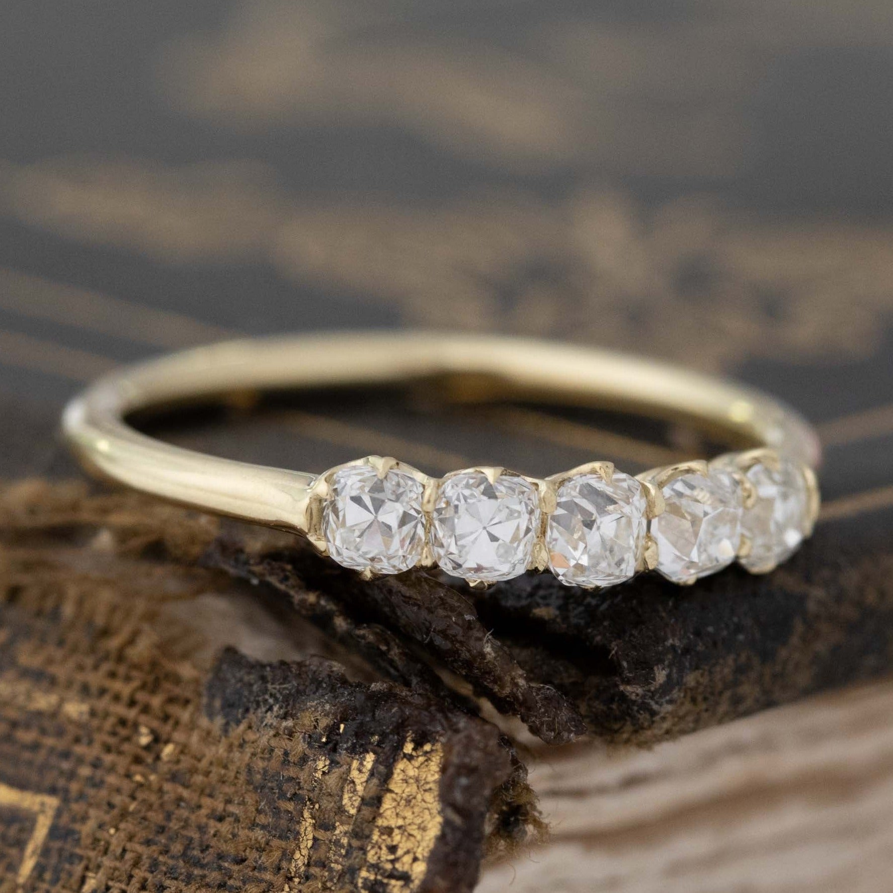 Antique lovers’ .55ctw Petite Old Mine Cut Diamond 5-Stone Band in yellow gold, featuring rare Earth-mined Old Mine Cut Diamonds.