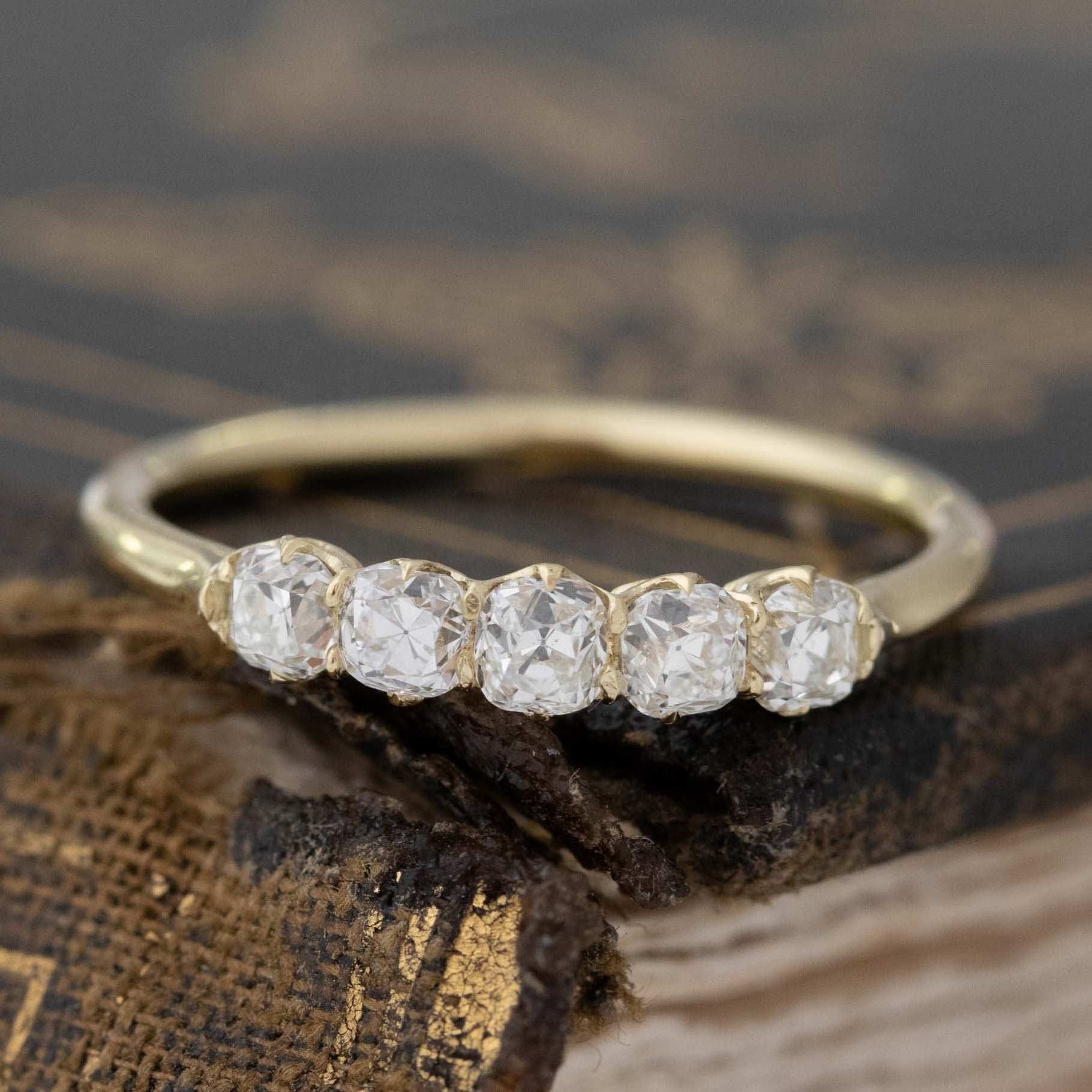 .55ctw Petite Old Mine Cut Diamond 5-Stone Band with Old Mine Cut Diamonds in yellow gold, antique-inspired one-of-a-kind wedding band.