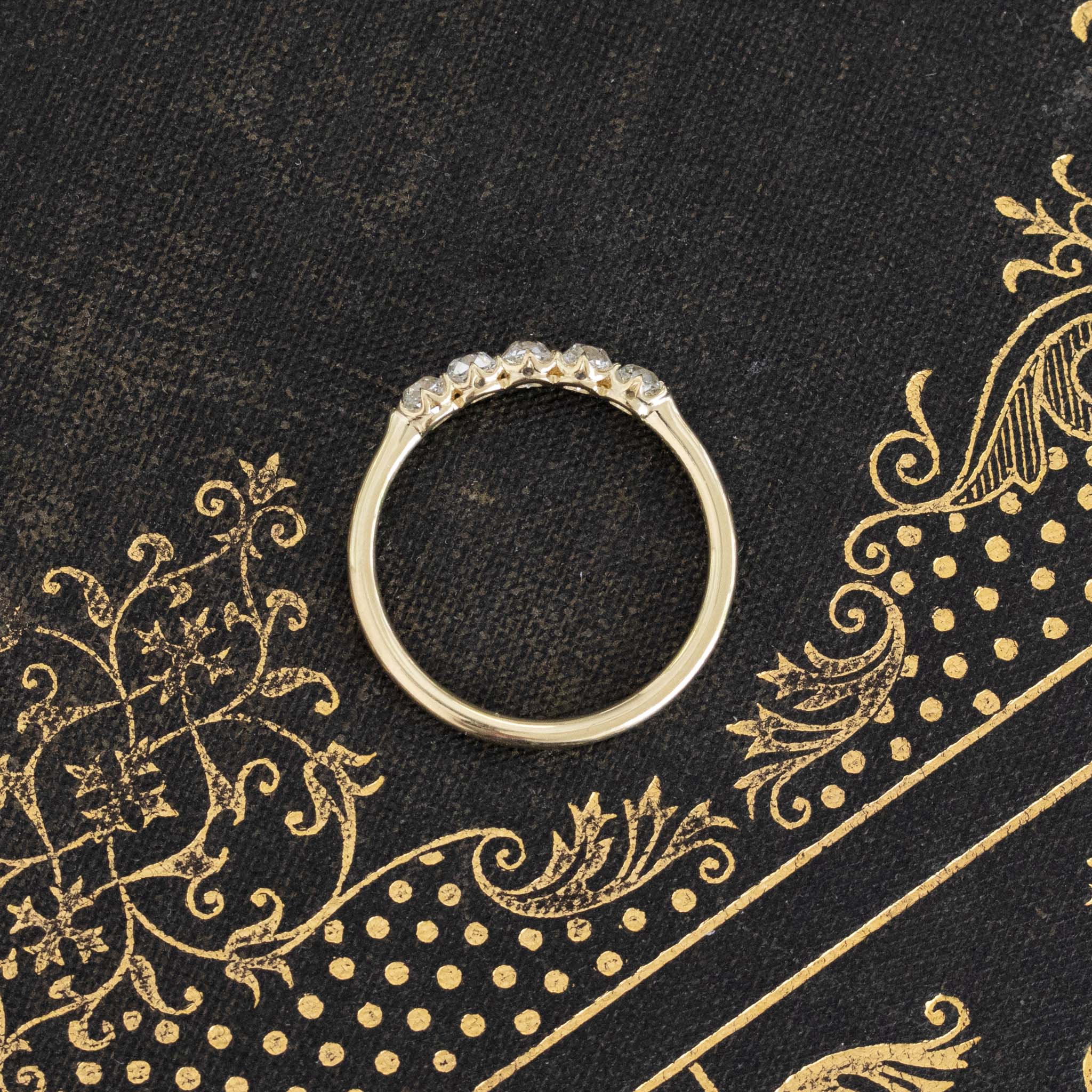 Side view of .55ctw Petite Old Mine Cut Diamond 5-Stone Band, natural Earth-mined Old Mine Cut Diamonds in yellow gold.