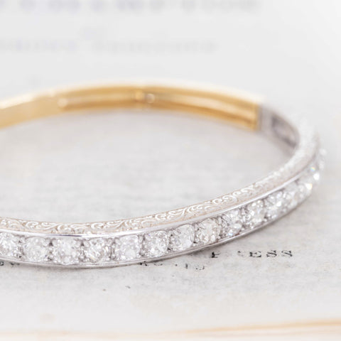 5.64ctw Old Mine Cut Diamond Engraved Bangle
