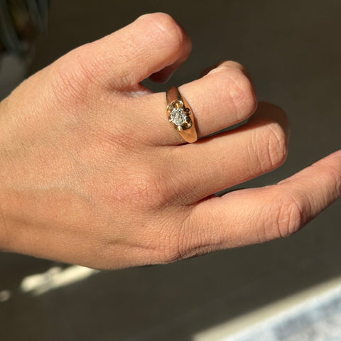 Antique old mine cut diamond belcher solitaire ring in 14kt yellow gold – alternate view 2