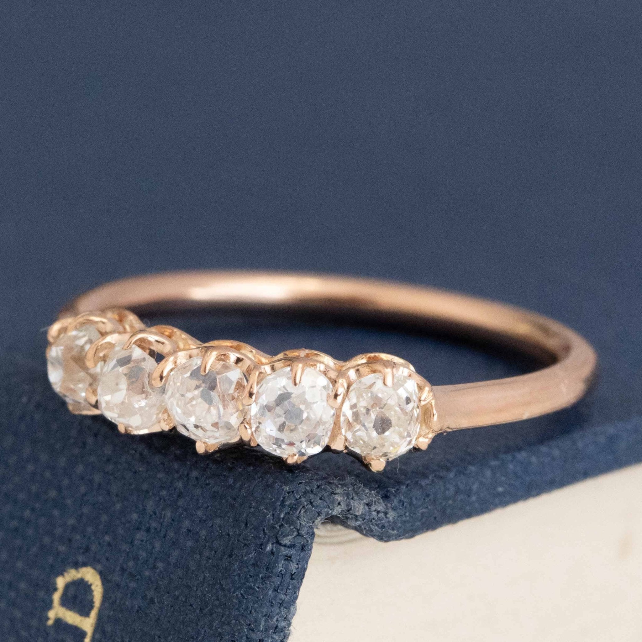 Antique lovers’ .56ctw Petite Old Mine Cut Diamond 5-Stone Band in rose gold, featuring rare Earth-mined Old Mine Cut Diamonds.