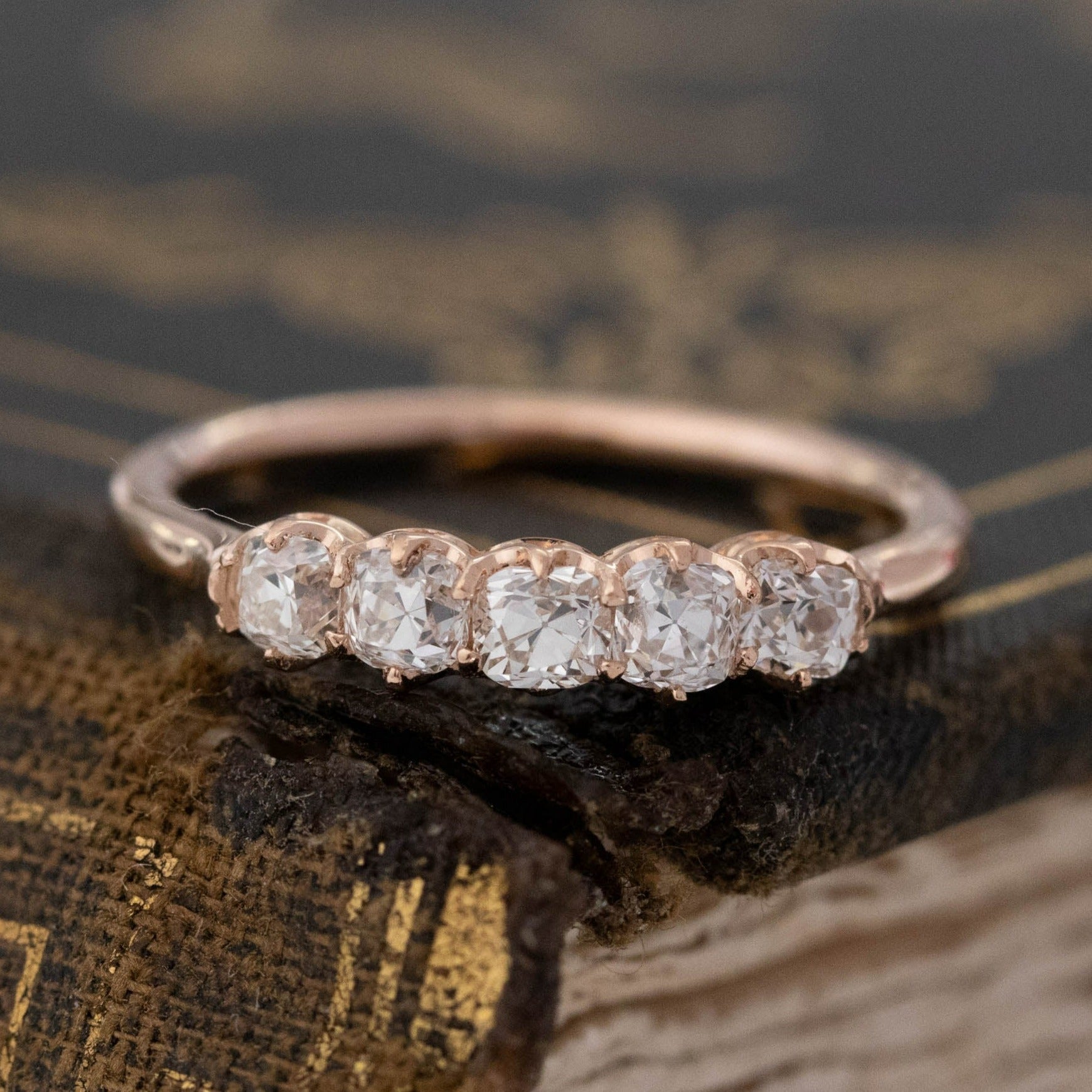 .56ctw Petite Old Mine Cut Diamond 5-Stone Band with Old Mine Cut Diamonds in rose gold, antique-inspired one-of-a-kind wedding band.