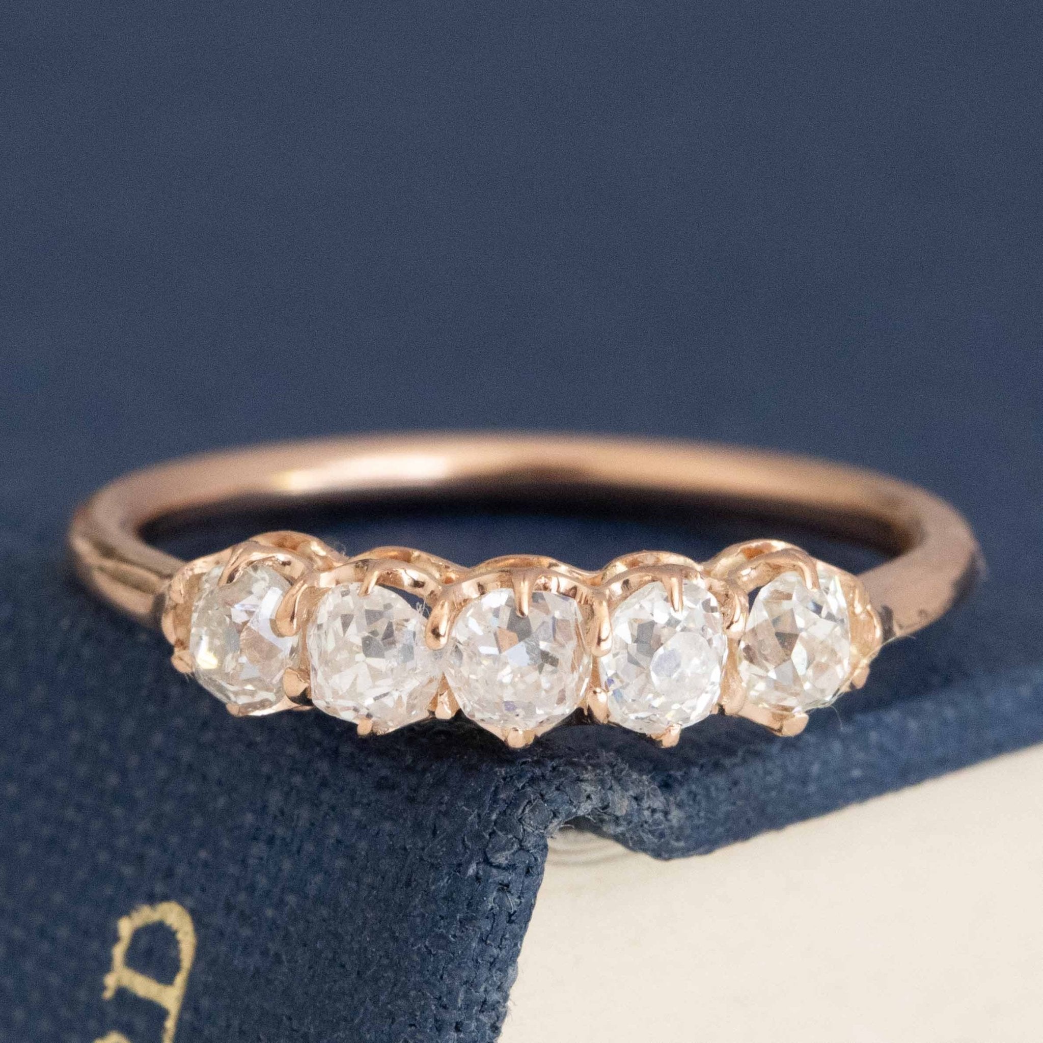 .56ctw Petite Old Mine Cut Diamond 5-Stone Band with Old Mine Cut Diamonds in rose gold, antique-inspired one-of-a-kind wedding band.
