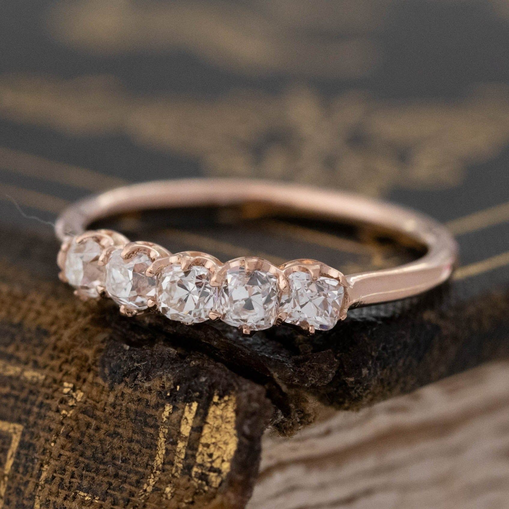 Historic style .56ctw Petite Old Mine Cut Diamond 5-Stone Band wedding band with Old Mine Cut Diamonds, unique heirloom in rose gold.