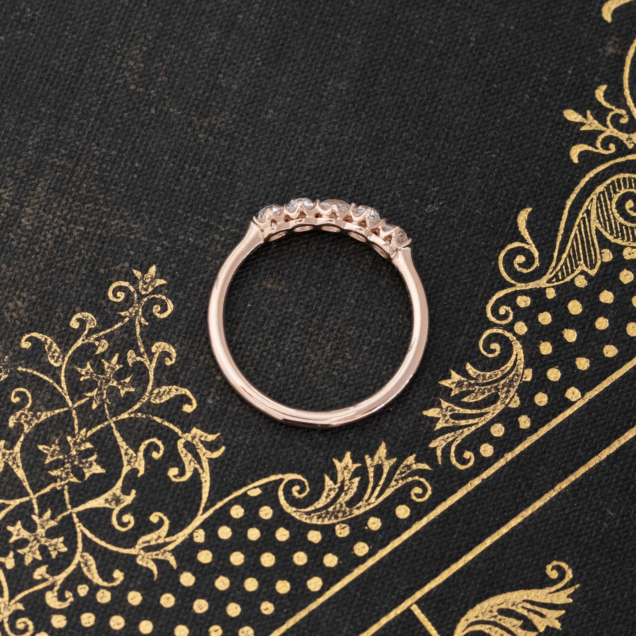 Side view of .56ctw Petite Old Mine Cut Diamond 5-Stone Band, natural Earth-mined Old Mine Cut Diamonds in rose gold.