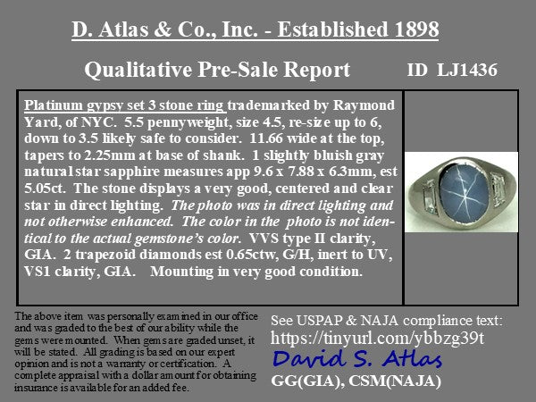 5.70ctw Star Sapphire Ring by Raymond Yard - Est 1898