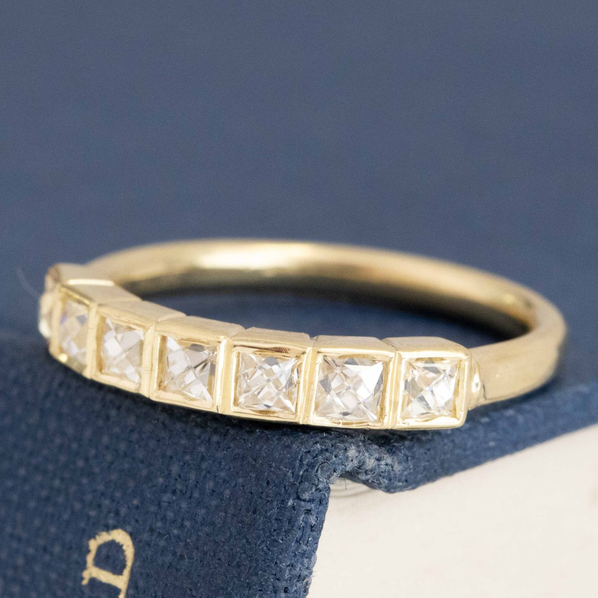 Historic style .57ctw French Cut Diamond Bezel Band wedding band with French Cut Diamonds, unique heirloom in yellow gold.