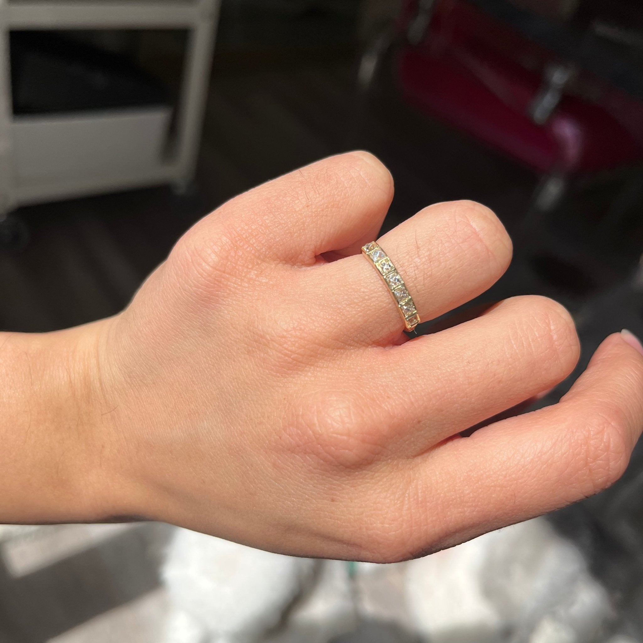Elegant .57ctw French Cut Diamond Bezel Band, romantic design with French Cut Diamonds, Earth-mined diamonds in yellow gold. Antique-inspired one-of-a-kind wedding band.