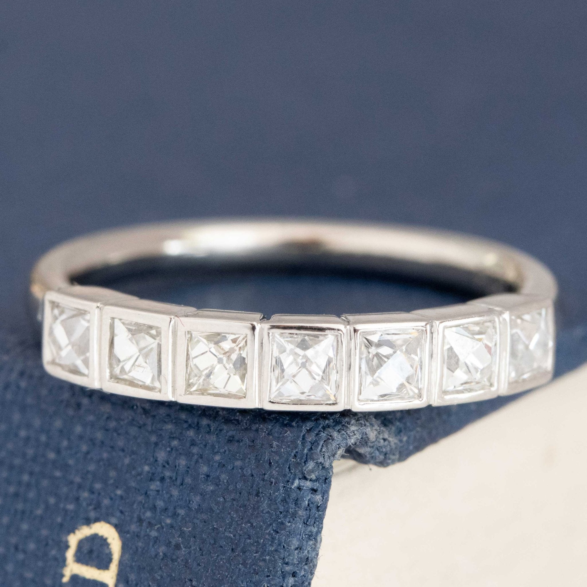 .58ctw French Cut Diamond Half-Hoop Bezel Band with French Cut Diamonds in platinum, antique-inspired one-of-a-kind unique heirloom wedding band.