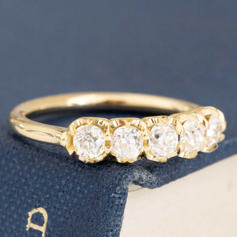 Historic style .58ctw Petite Old European Cut Diamond 5-Stone Band wedding band with Old European Cut Diamonds, unique heirloom in yellow gold.