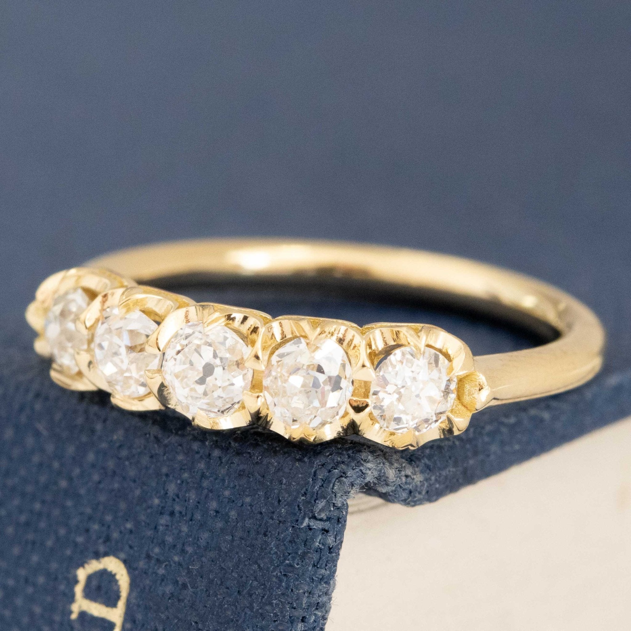 Antique lovers’ .58ctw Petite Old European Cut Diamond 5-Stone Band in yellow gold, featuring rare Earth-mined Old European Cut Diamonds.