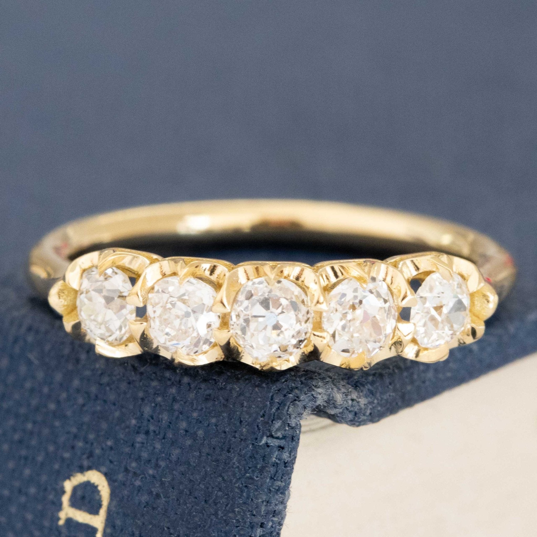 .58ctw Petite Old European Cut Diamond 5-Stone Band with Old European Cut Diamonds in yellow gold, antique-inspired one-of-a-kind wedding band.