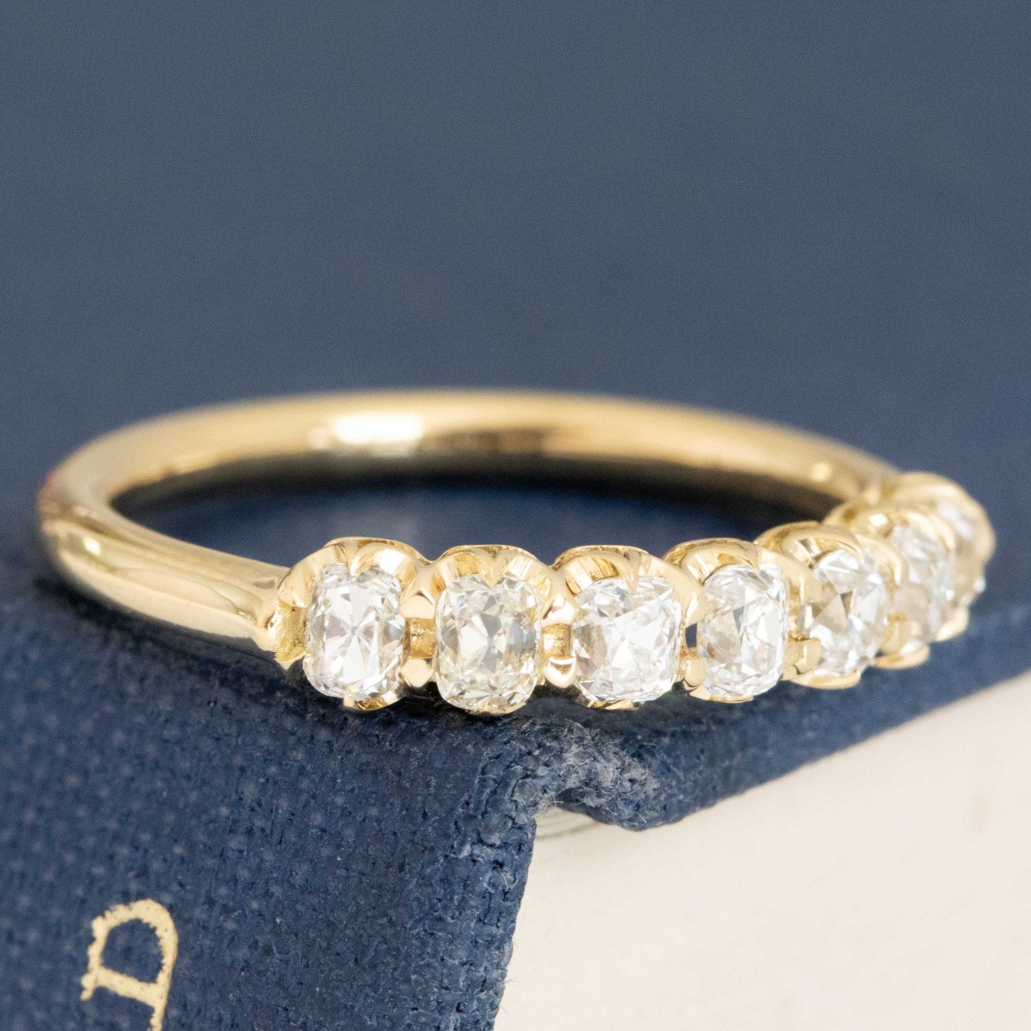Historic style .58ctw Petite Old Mine Cut Diamond Half-Hoop Band wedding band with Old Mine Cut Diamonds, unique heirloom in yellow gold.