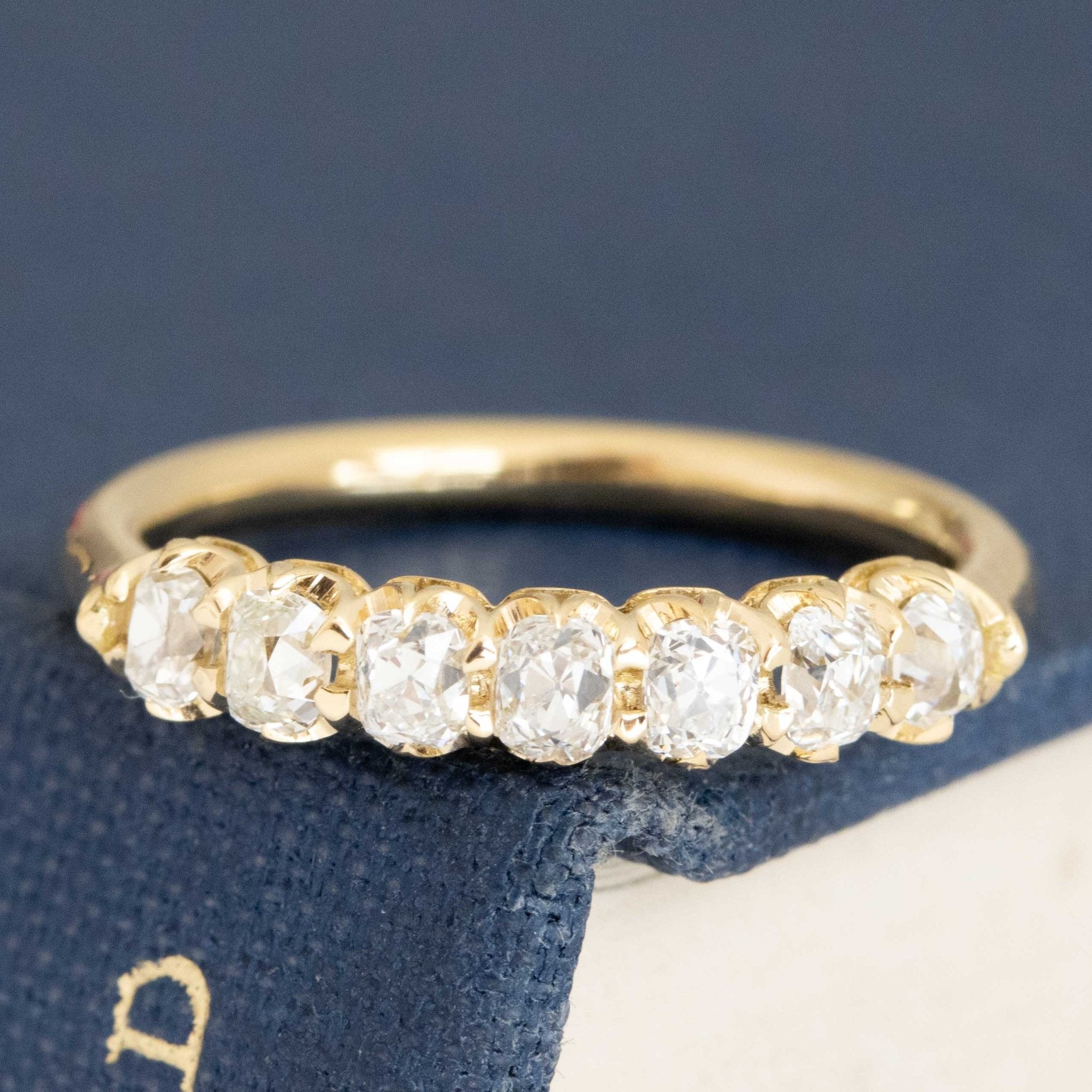 .58ctw Petite Old Mine Cut Diamond Half-Hoop Band with Old Mine Cut Diamonds in yellow gold, antique-inspired one-of-a-kind wedding band.