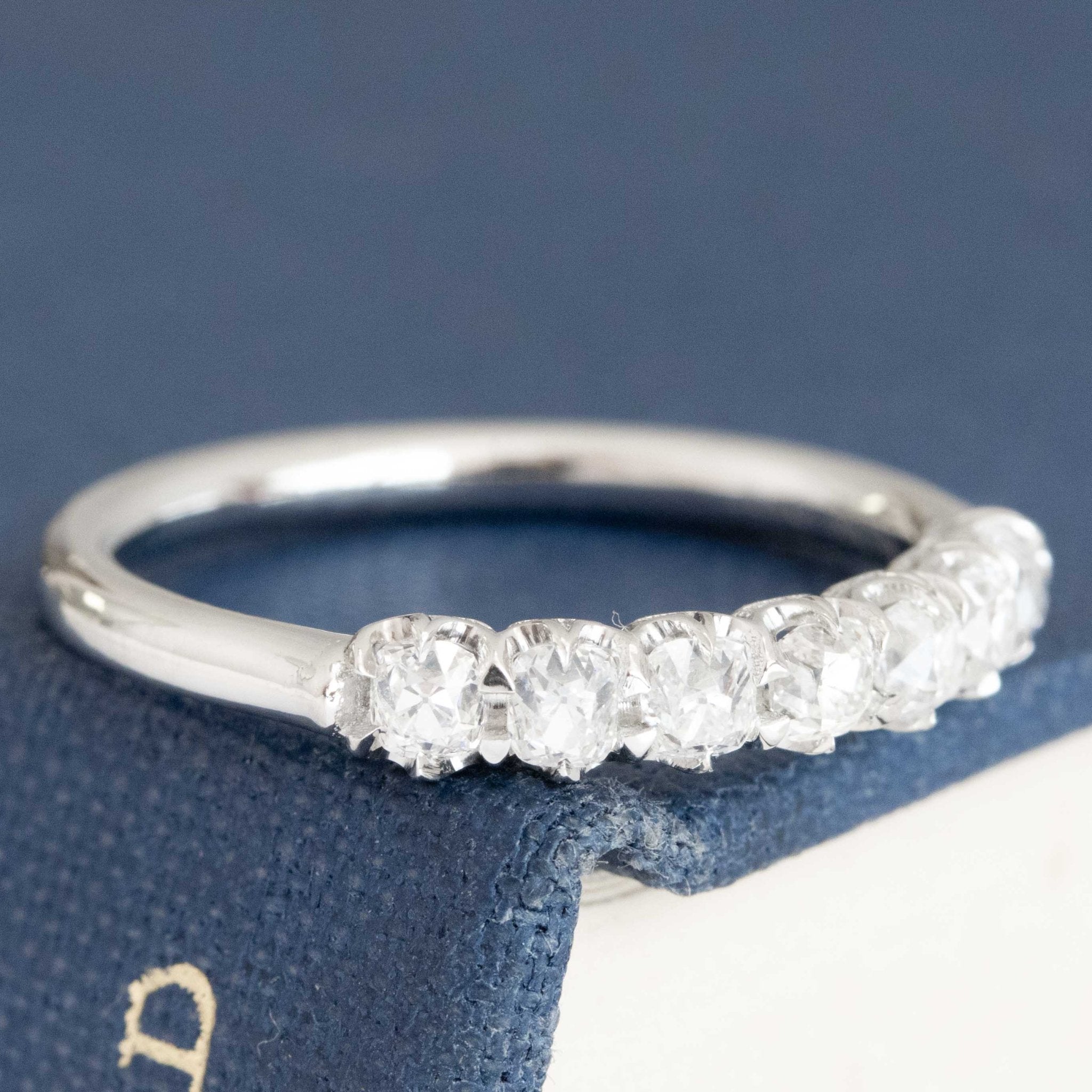 Historic style .58ctw Petite Old Mine Cut Diamond Half-Hoop Band wedding band with Old Mine Cut Diamonds, unique heirloom in platinum.