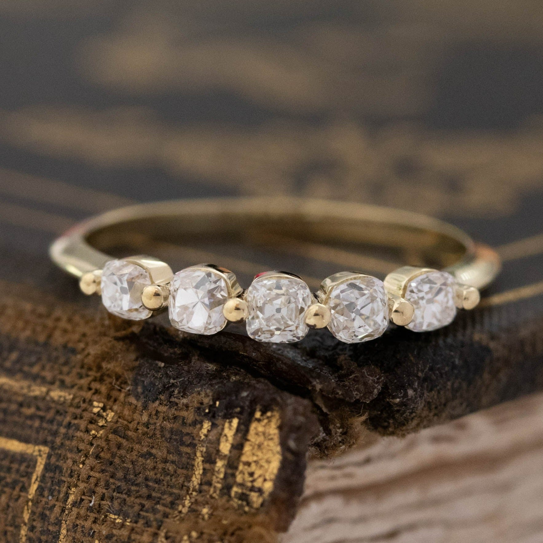 .58ctw Petite Old Mine Cut Diamond Shared Prong Band with Old Mine Cut Diamonds in yellow gold, antique-inspired one-of-a-kind wedding band.