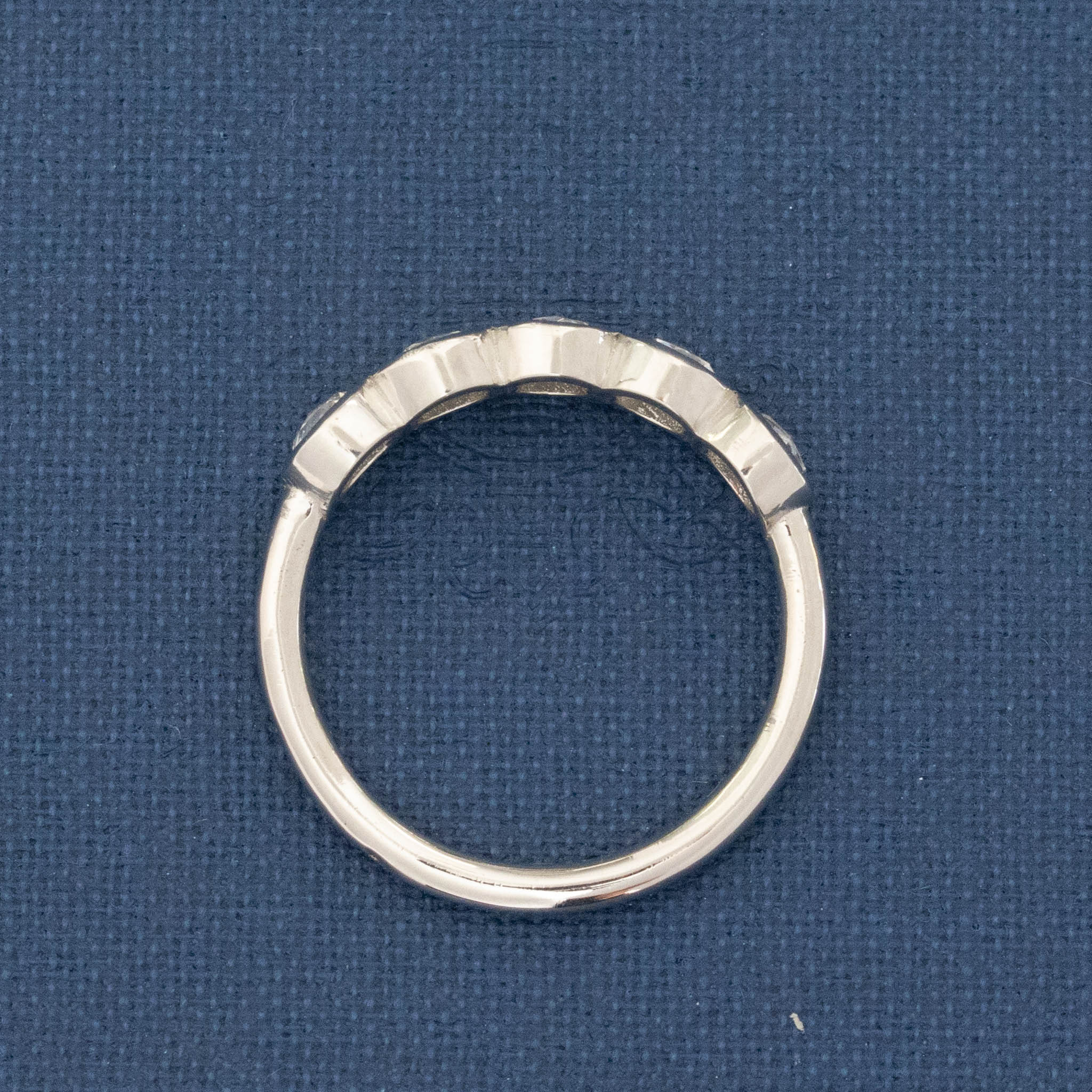 Side view of .59ctw Round Rose Cut Diamond 5-Stone Bezel Band, natural Earth-mined Antique Diamonds in platinum.