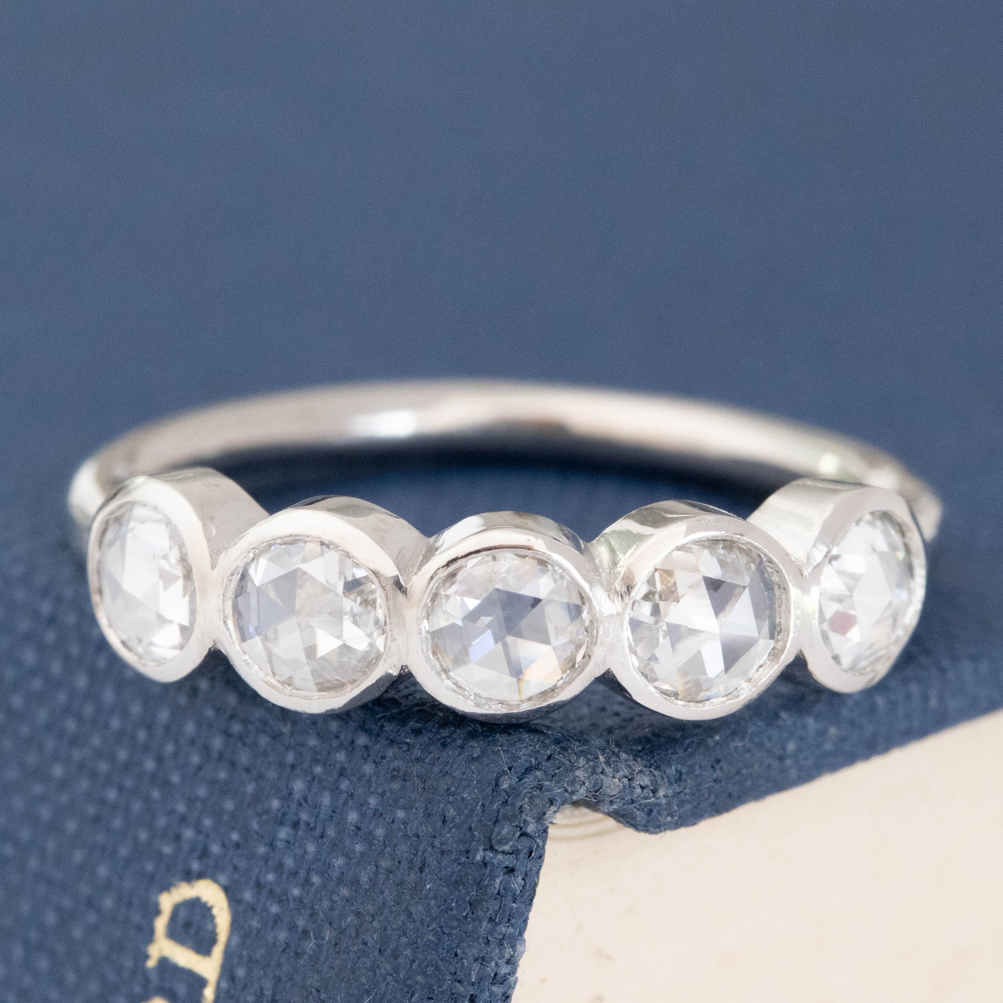 .59ctw Round Rose Cut Diamond 5-Stone Bezel Band with Antique Diamonds in platinum, antique-inspired one-of-a-kind wedding band.