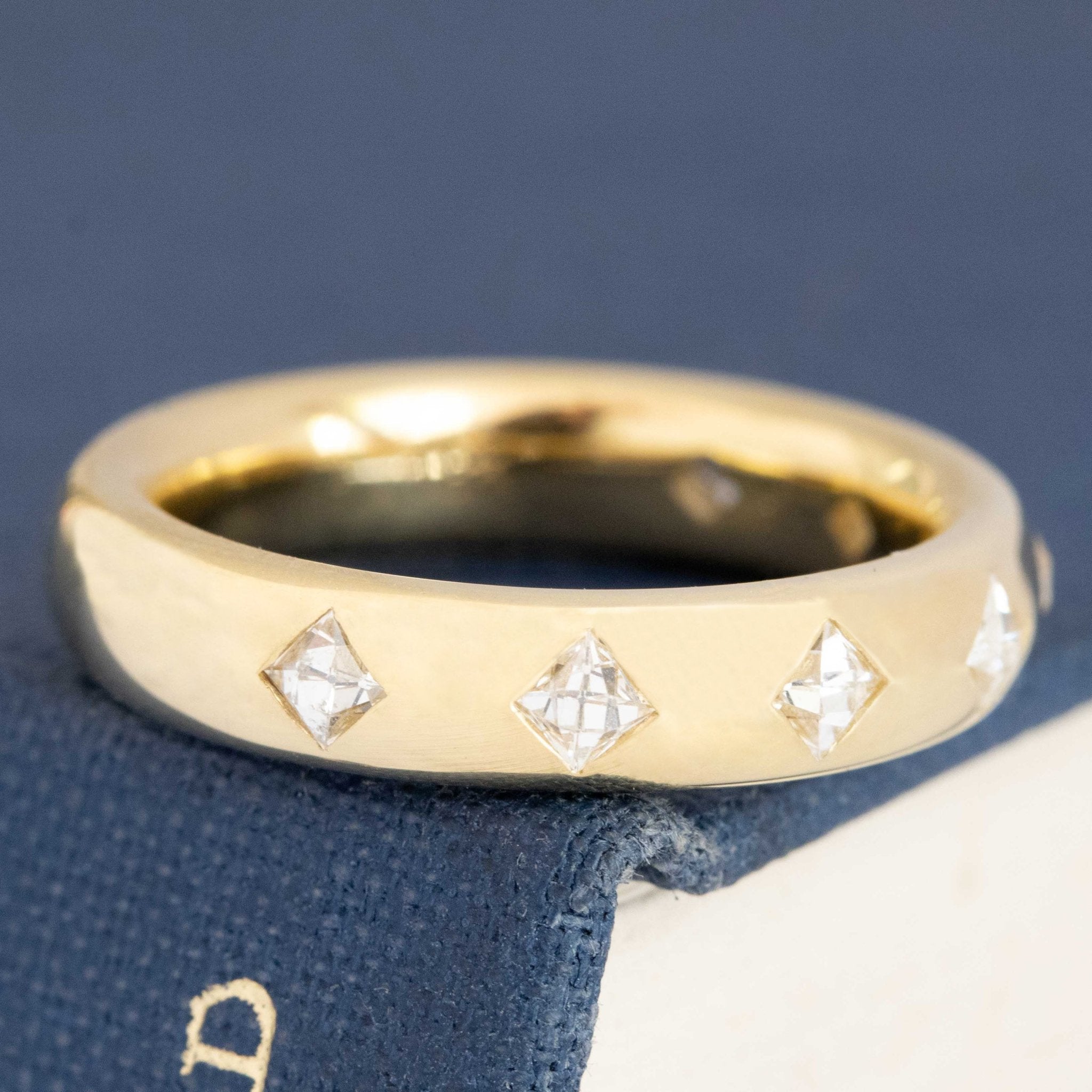 Historic style .60ctw French Cut Diamond Scatter Band wedding band with French Cut Diamonds, unique heirloom crafted in yellow gold.