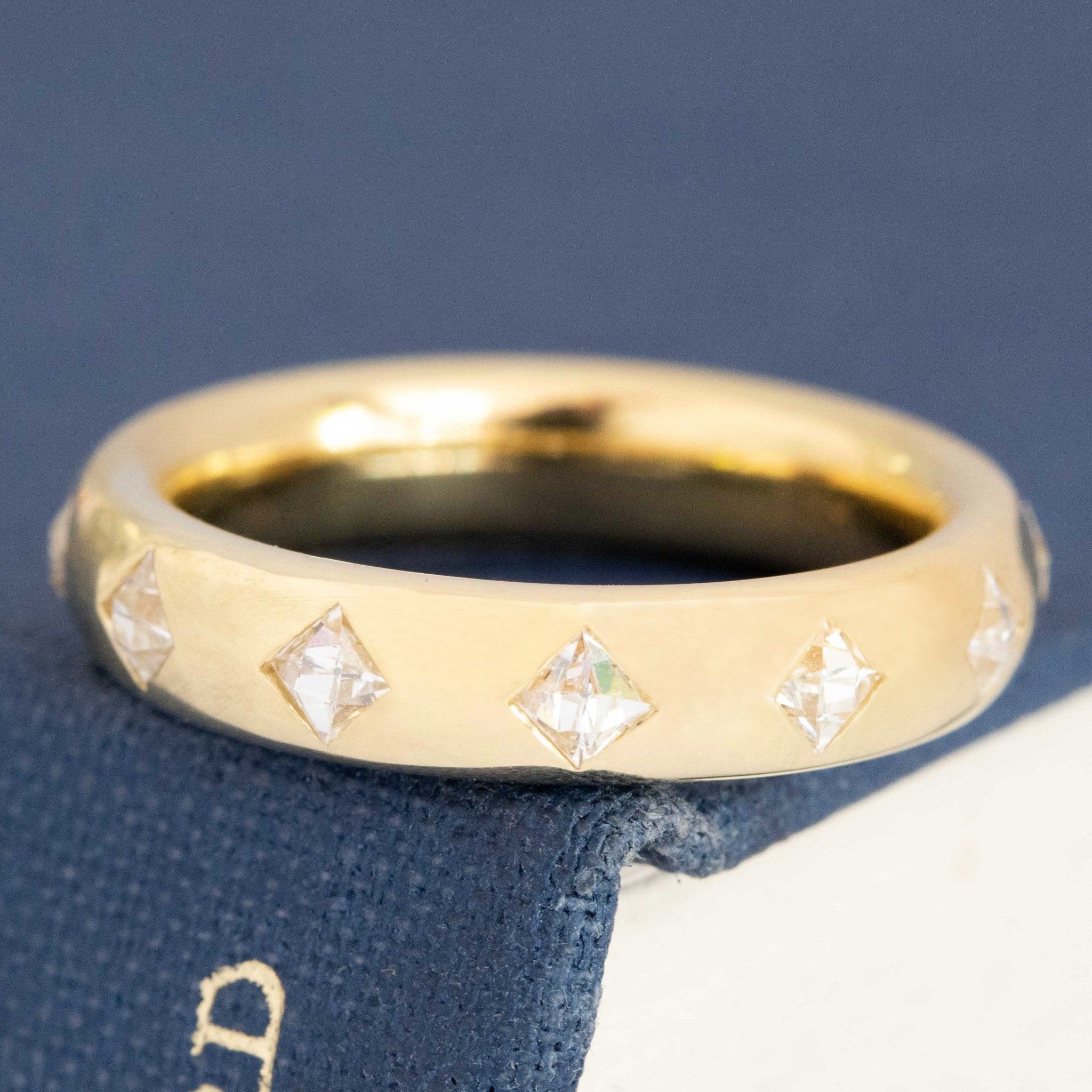 .60ctw French Cut Diamond Scatter Band with French Cut Diamonds in yellow gold, antique-inspired one-of-a-kind wedding band.