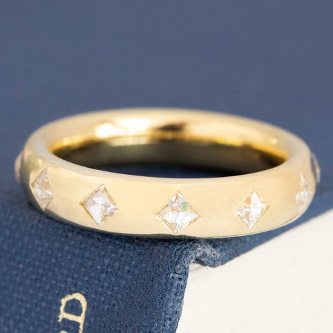 .60ctw French Cut Diamond Scatter Band with French Cut Diamonds in yellow gold, antique-inspired one-of-a-kind wedding band.