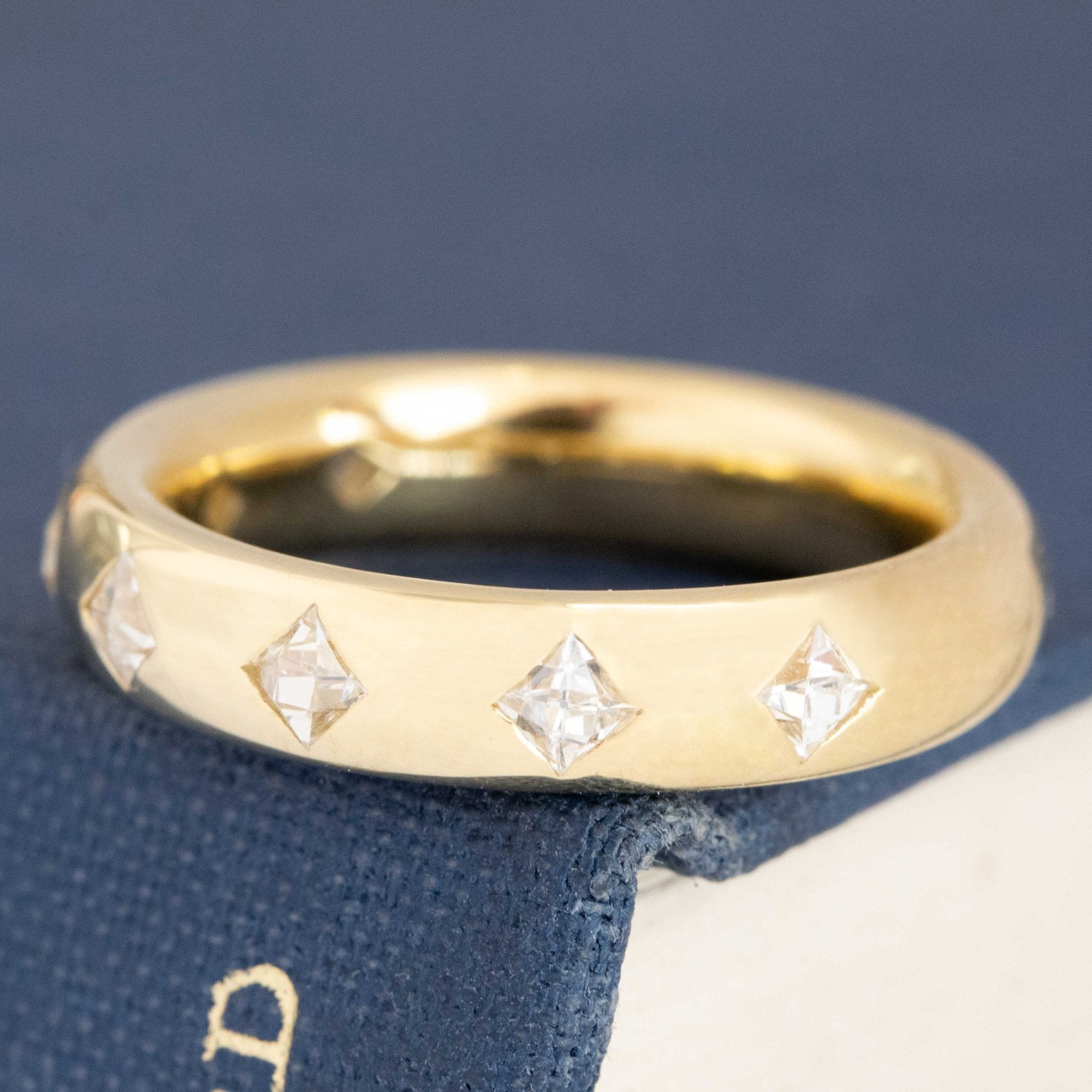 Antique lovers’ .60ctw French Cut Diamond Scatter Band in yellow gold, featuring rare Earth-mined French Cut Diamonds.