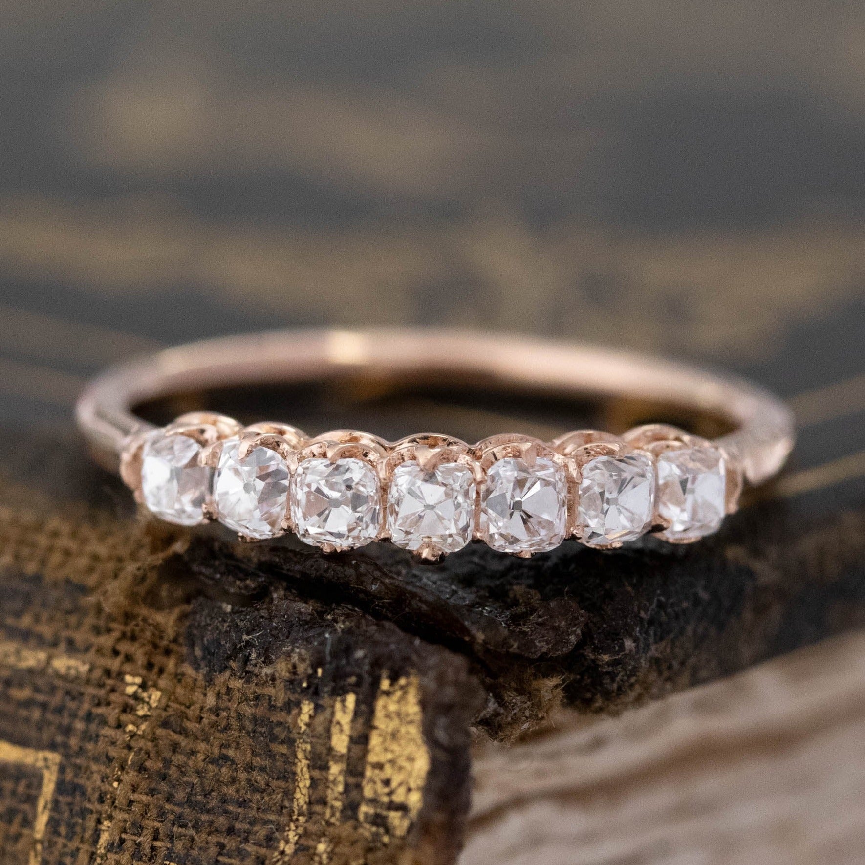 .60ctw Petite Old Mine Cut 7-Stone Diamond Band with Old Mine Cut Diamonds in rose gold, antique-inspired one-of-a-kind wedding band.