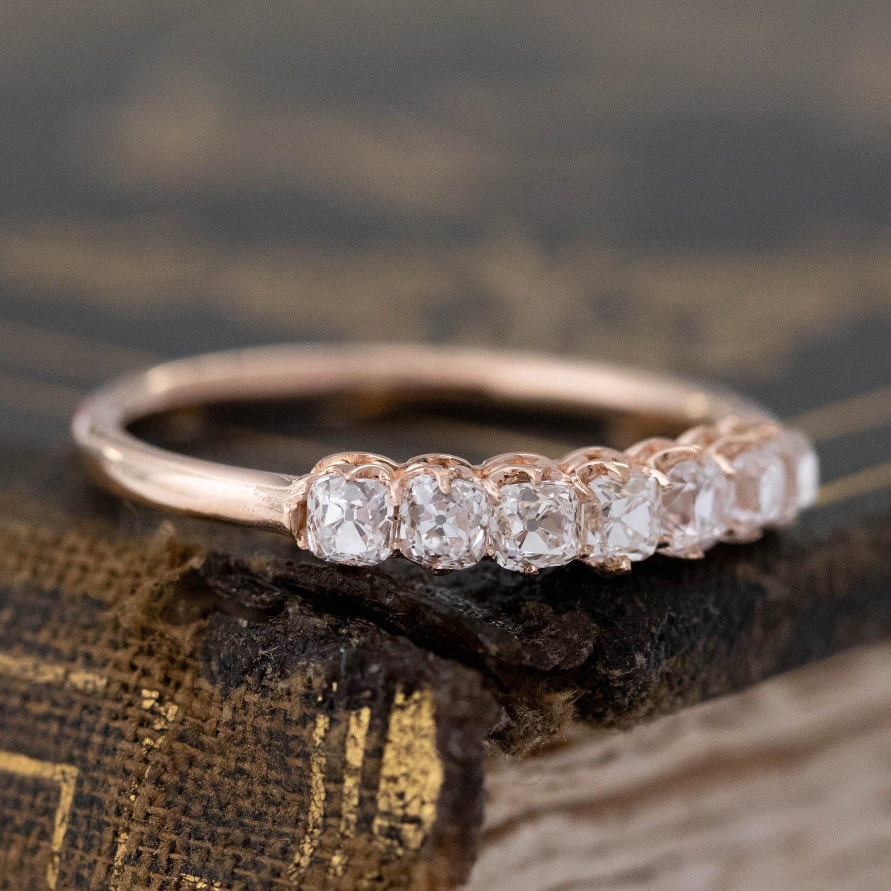 Historic style .60ctw Petite Old Mine Cut 7-Stone Diamond Band wedding band with Old Mine Cut Diamonds, unique heirloom in rose gold.