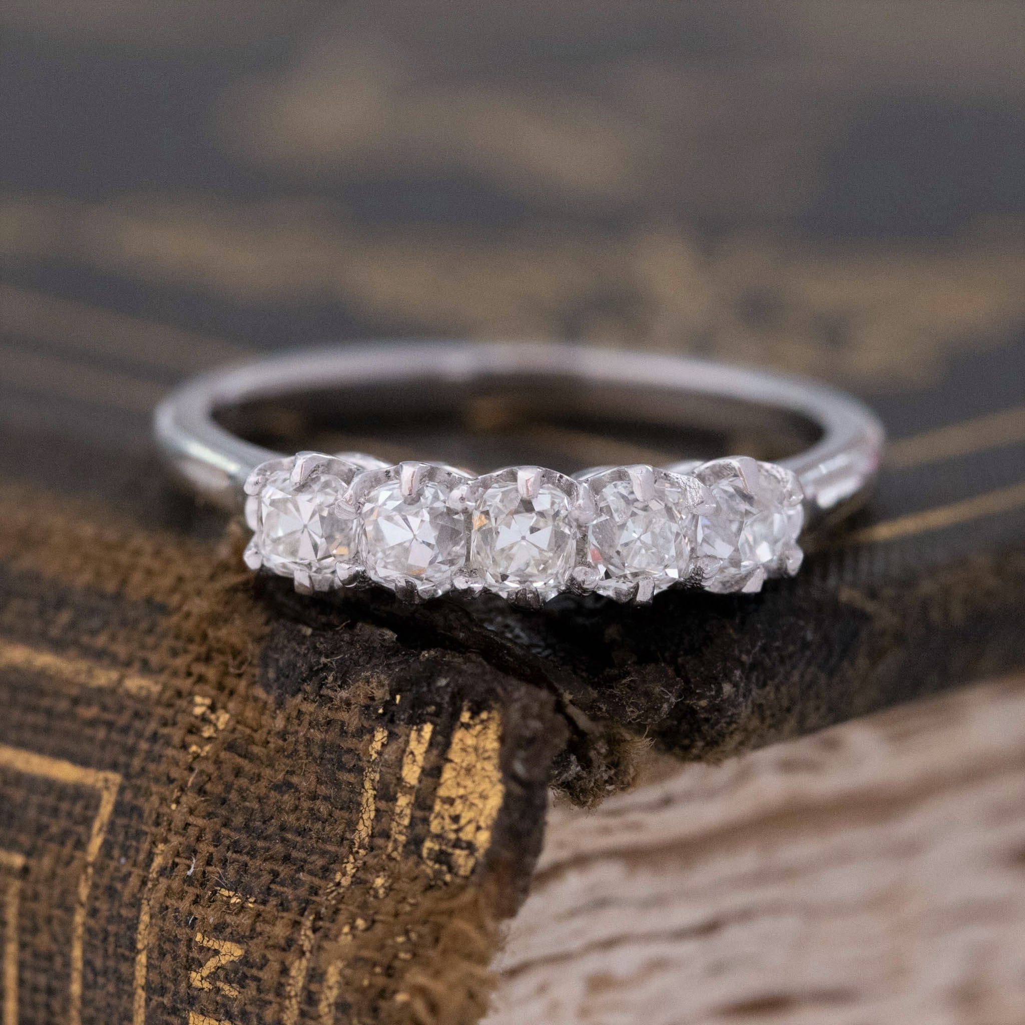 .60ctw Petite Old Mine Cut Diamond 5-Stone Band with Old Mine Cut Diamonds in platinum, antique-inspired one-of-a-kind wedding band.