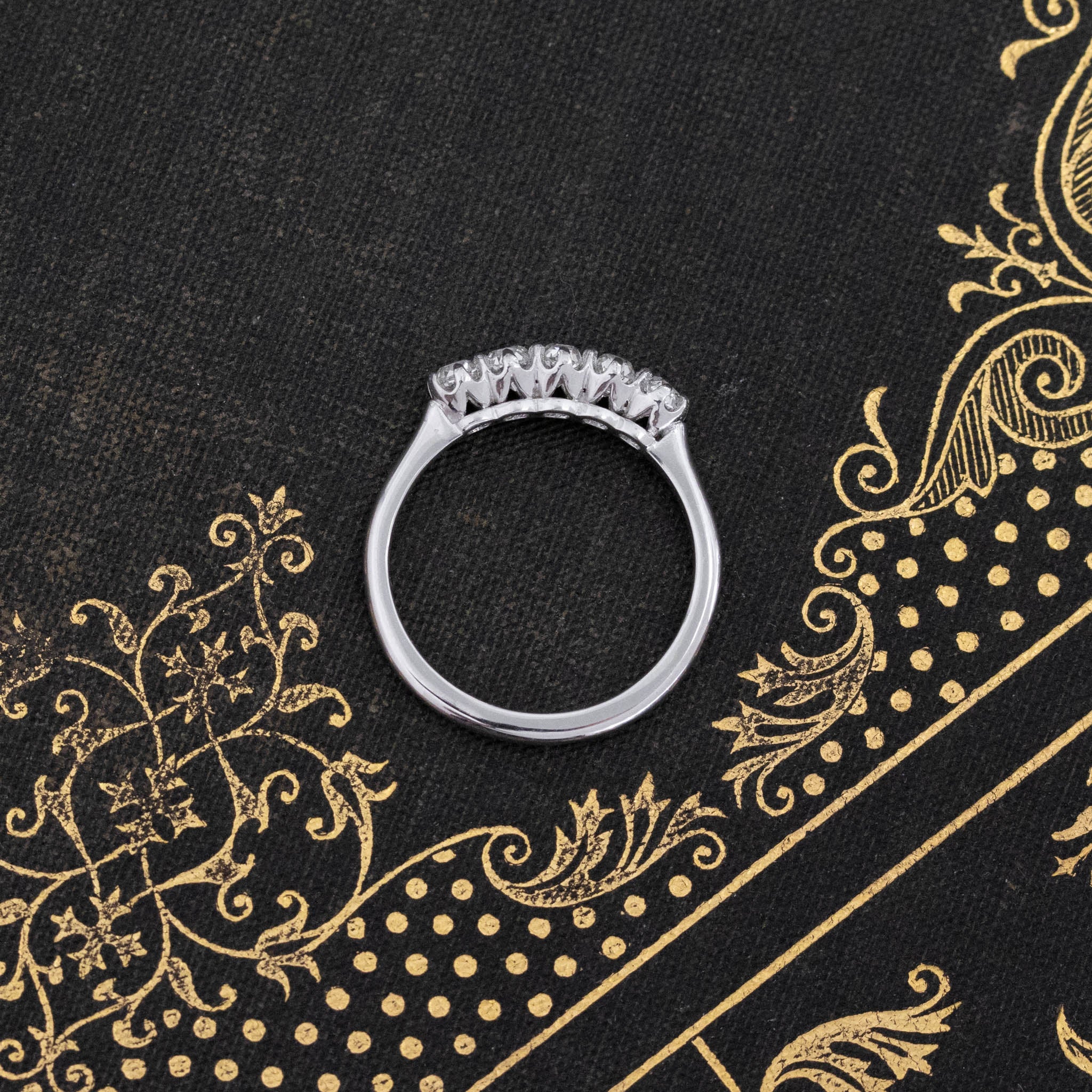 Side view of .60ctw Petite Old Mine Cut Diamond 5-Stone Band, natural Earth-mined Old Mine Cut Diamonds crafted in platinum