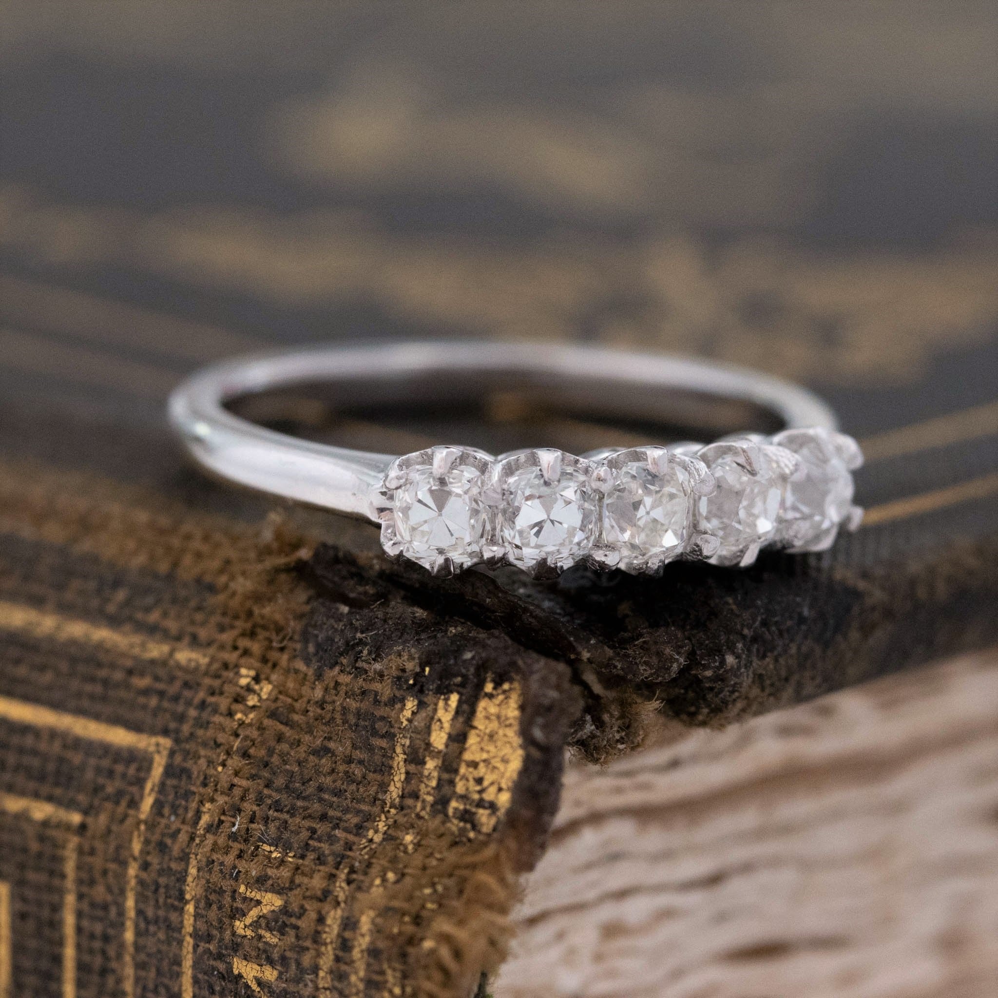 Historic style .60ctw Petite Old Mine Cut Diamond 5-Stone Band wedding band with Old Mine Cut Diamonds, unique heirloom in platinum