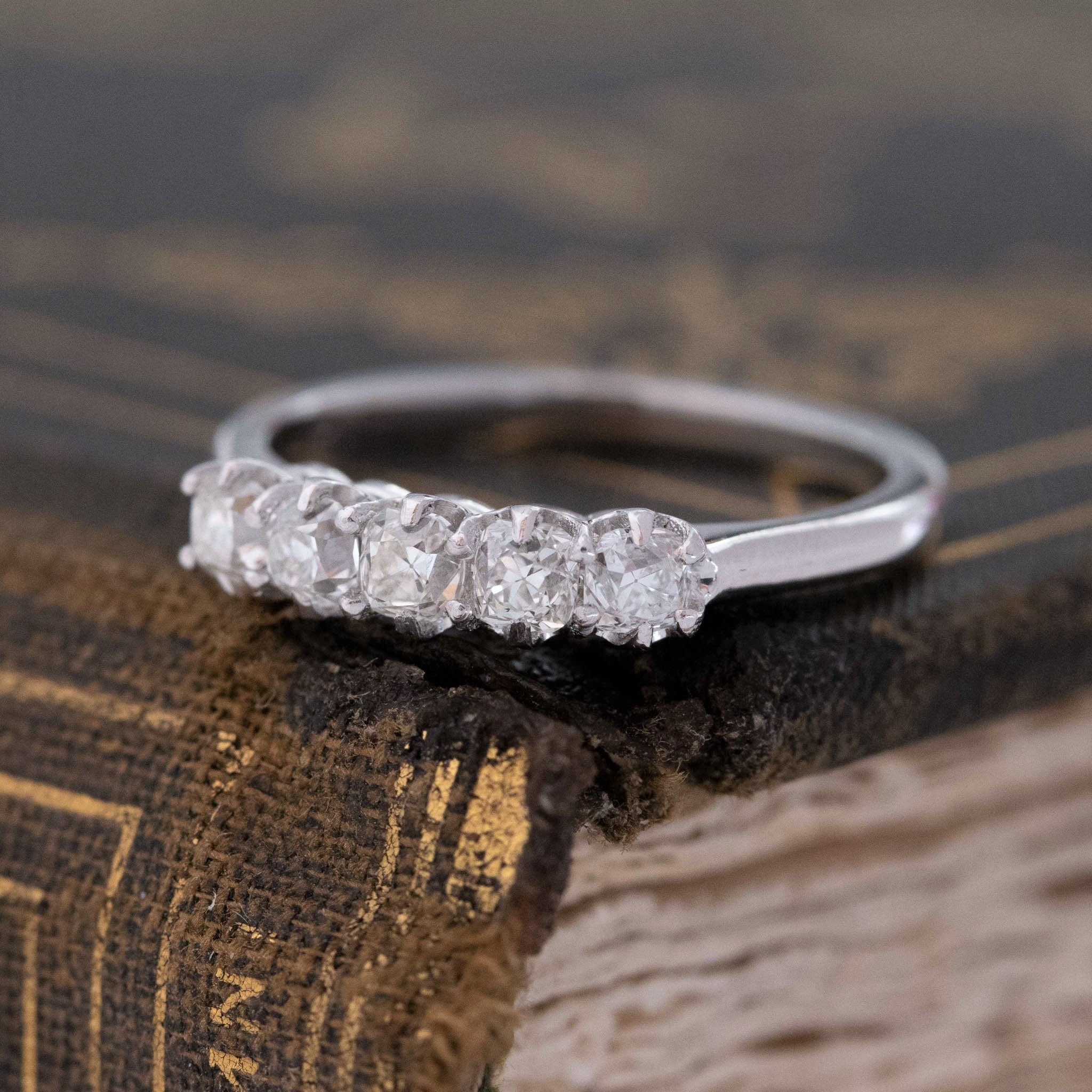 Antique lovers’ .60ctw Petite Old Mine Cut Diamond 5-Stone Band in platinum, featuring rare Earth-mined Old Mine Cut Diamonds