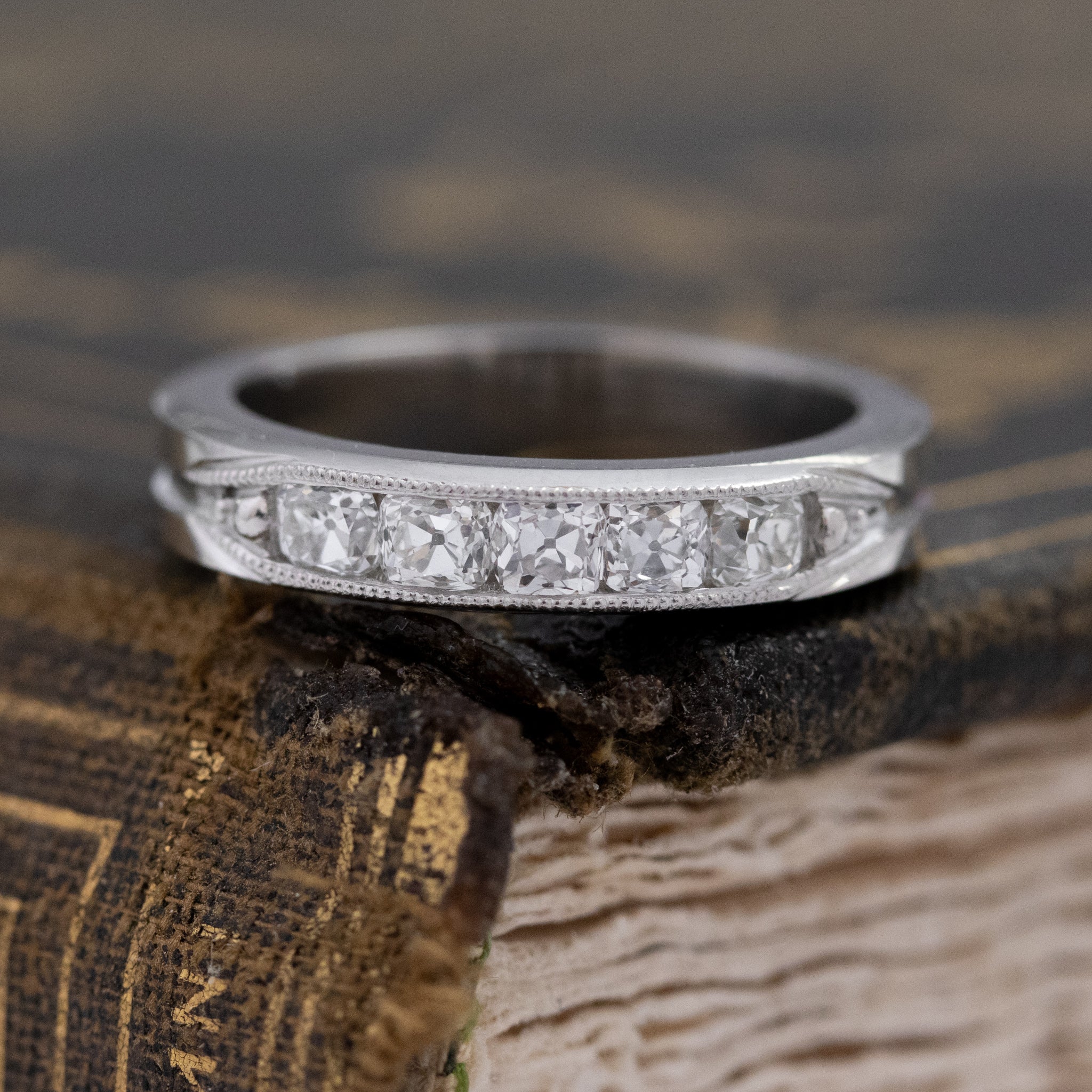 .61ctw Channel Set Old Mine Cut Diamond Band with Old Mine Cut Diamonds in platinum, antique-inspired one-of-a-kind wedding band