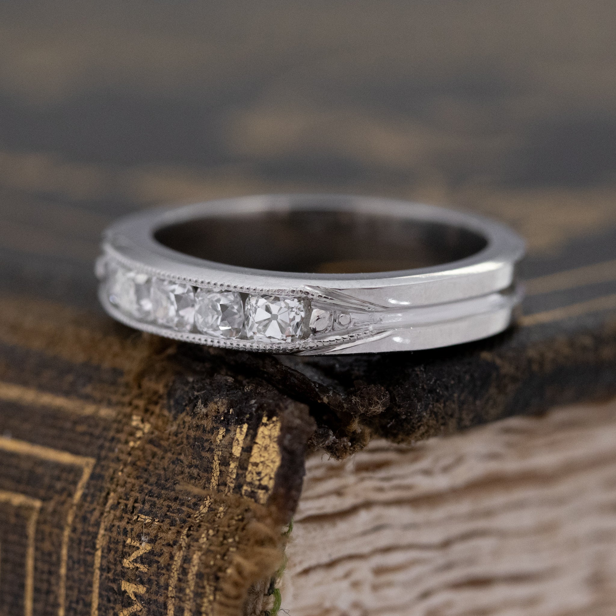 Antique lovers’ .61ctw Channel Set Old Mine Cut Diamond Band in platinum, featuring rare Earth-mined Old Mine Cut Diamonds