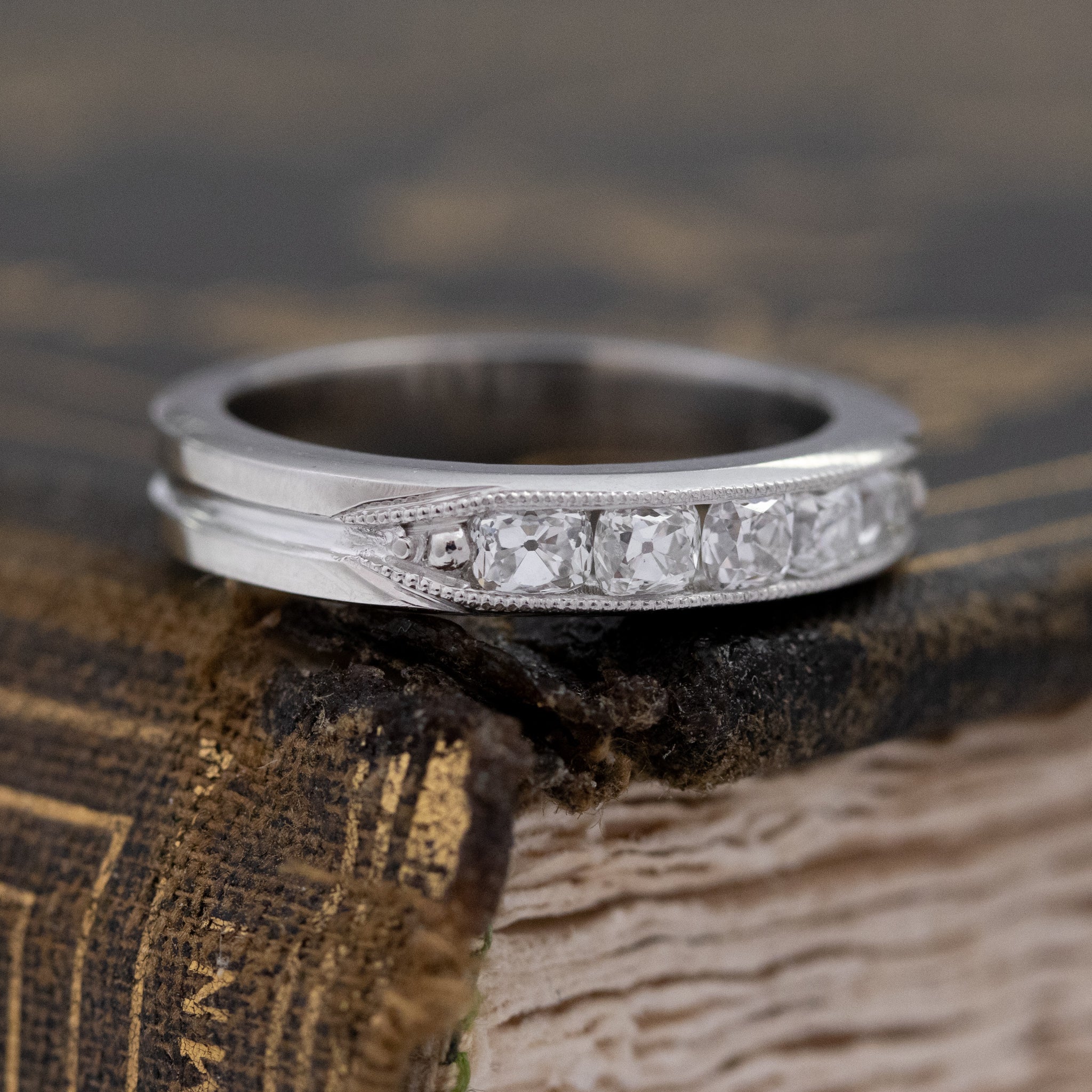 Historic style .61ctw Channel Set Old Mine Cut Diamond Band wedding band with Old Mine Cut Diamonds, unique heirloom in platinum