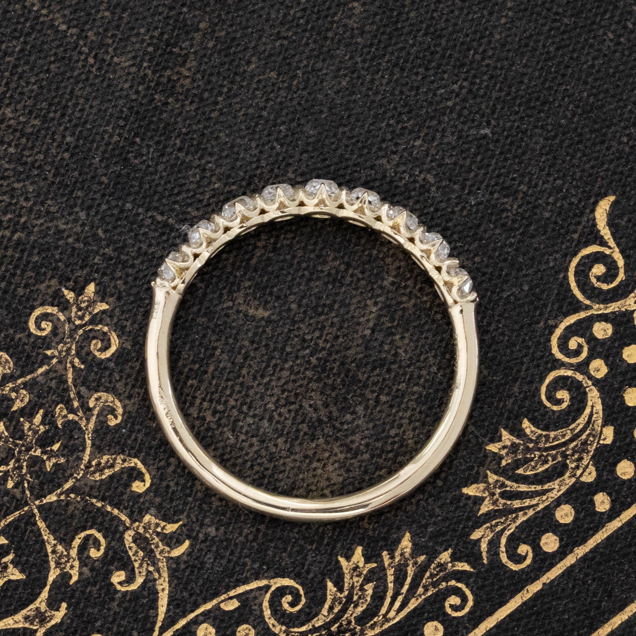 Side view of .61ctw Petite Old Mine Cut Diamond Half-Hoop Band, natural Earth-mined Old Mine Cut Diamonds in yellow gold