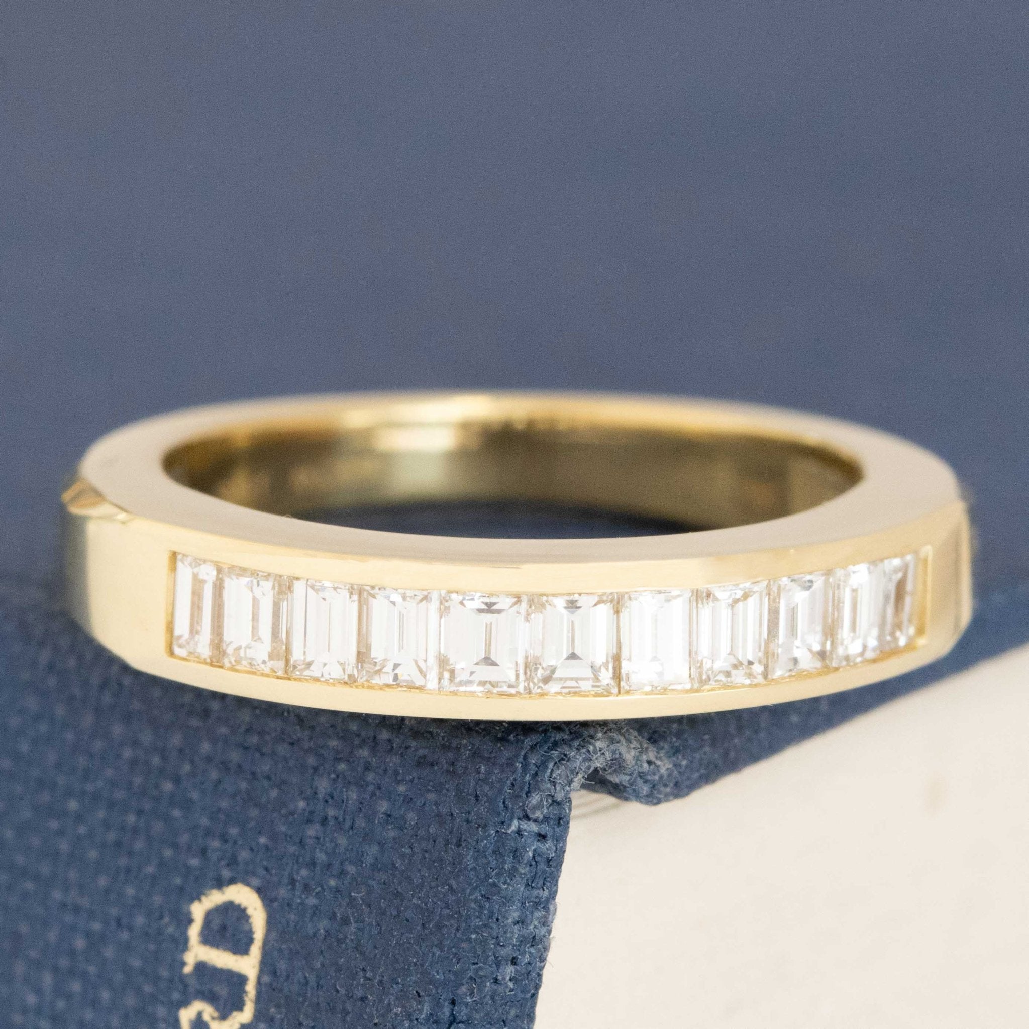 .63ctw Baguette Cut Diamond Channel Set Band with Baguette Cut Diamonds in yellow gold, antique-inspired one-of-a-kind wedding band