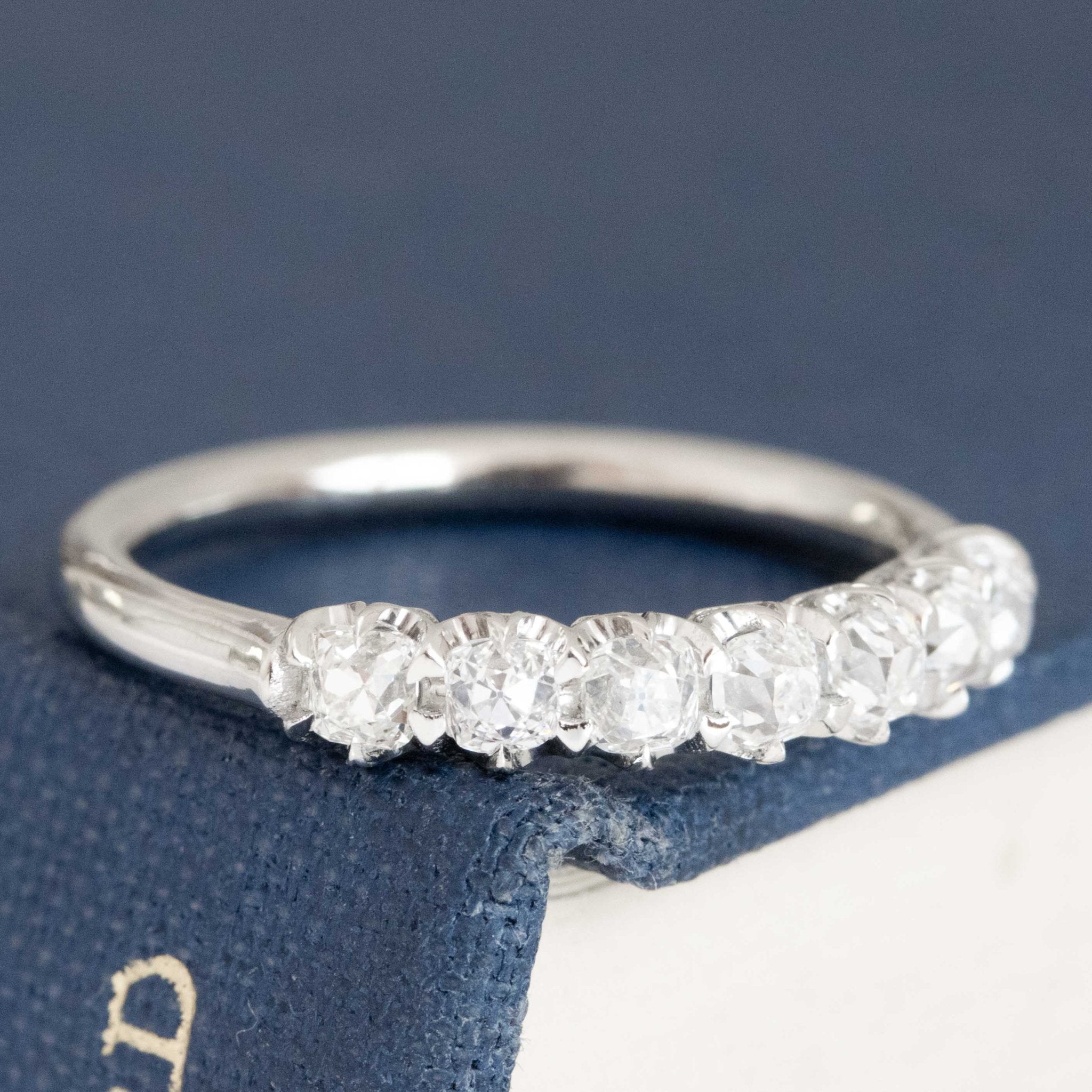 Historic style .63ctw Petite Old Mine Cut Diamond Half-Hoop Band wedding band with Old Mine Cut Diamonds, unique heirloom in platinum