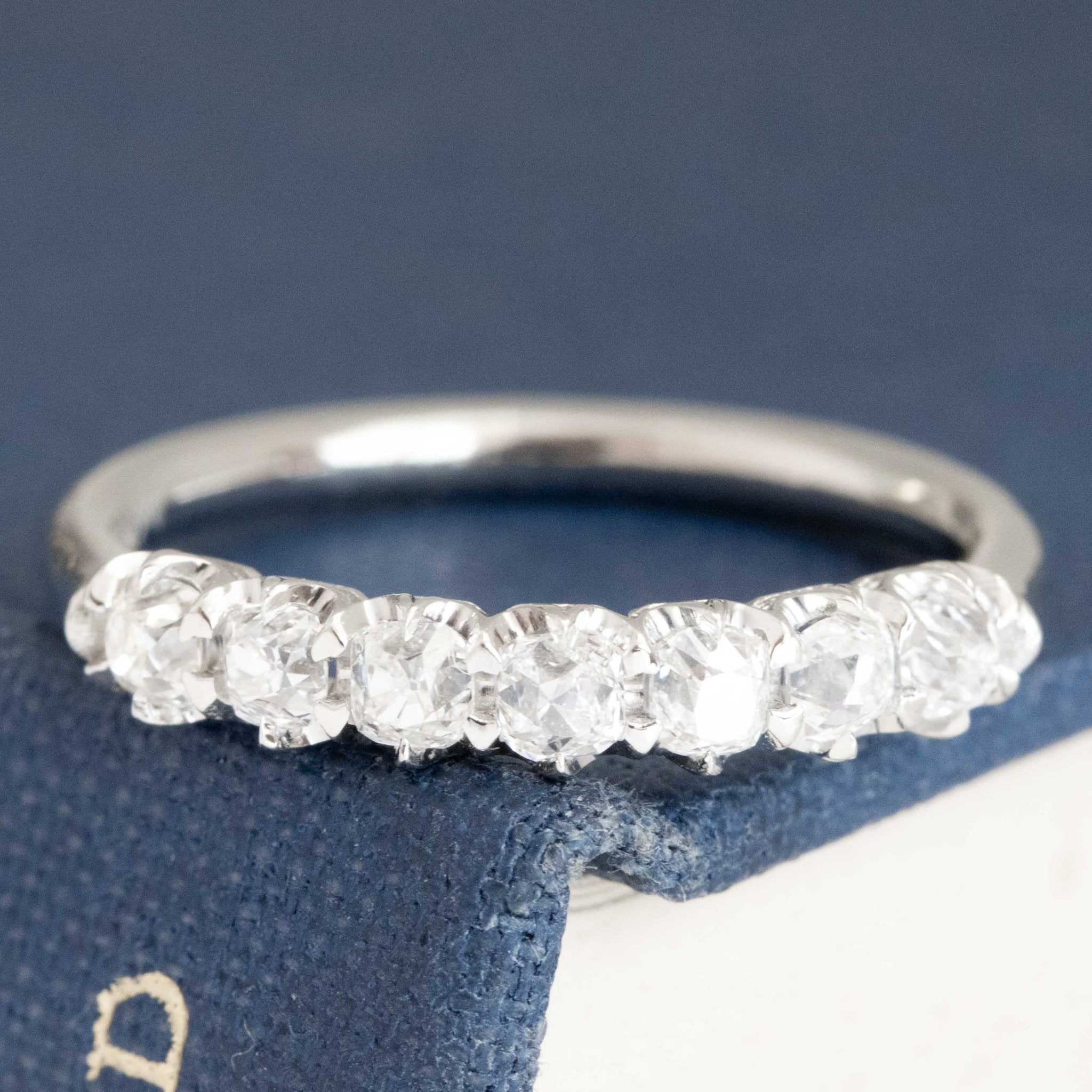 .63ctw Petite Old Mine Cut Diamond Half-Hoop Band with Old Mine Cut Diamonds in platinum, antique-inspired one-of-a-kind wedding band