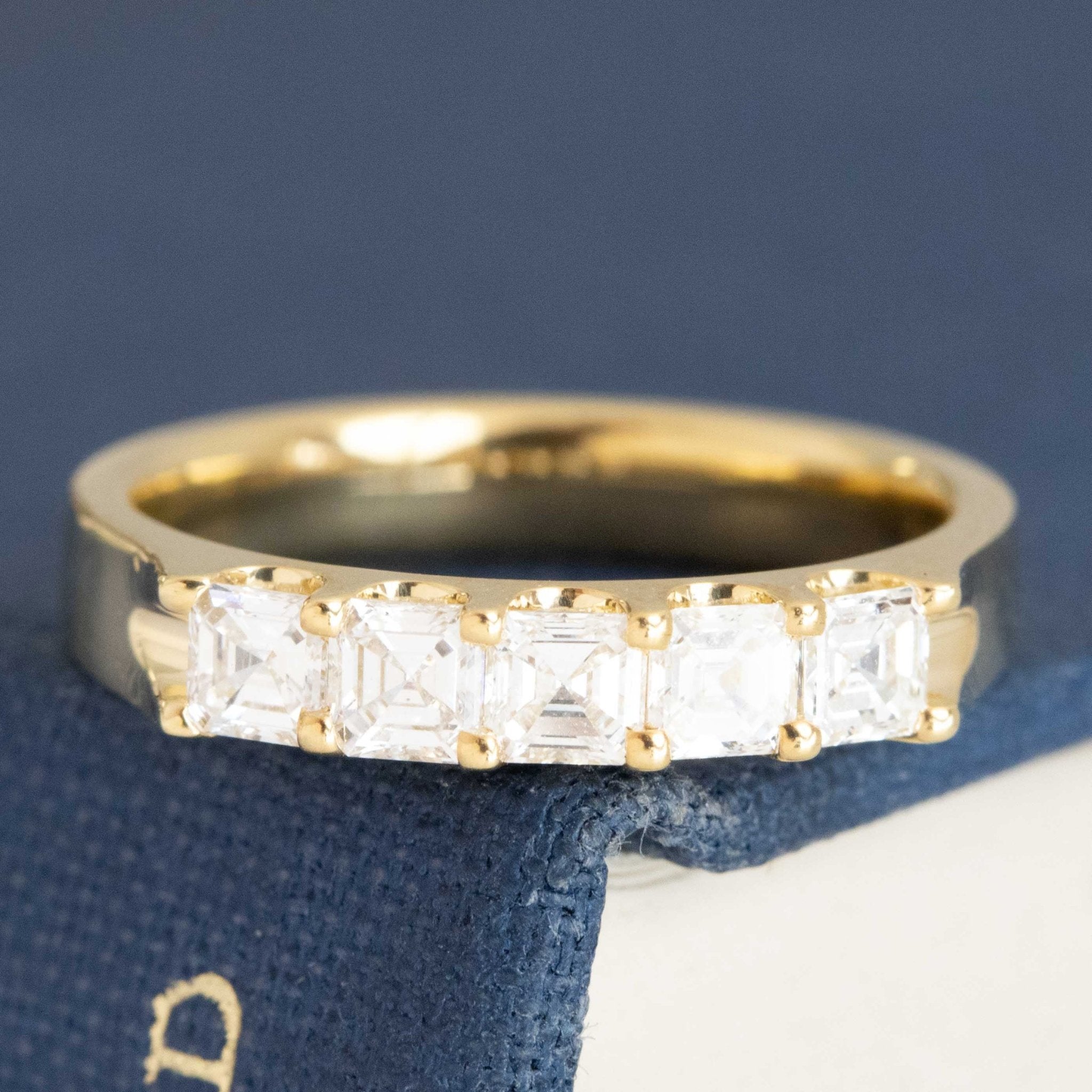 .64ctw Asscher Cut Diamond 5-Stone Band with Antique Diamonds crafted in yellow gold, antique-inspired one-of-a-kind wedding band