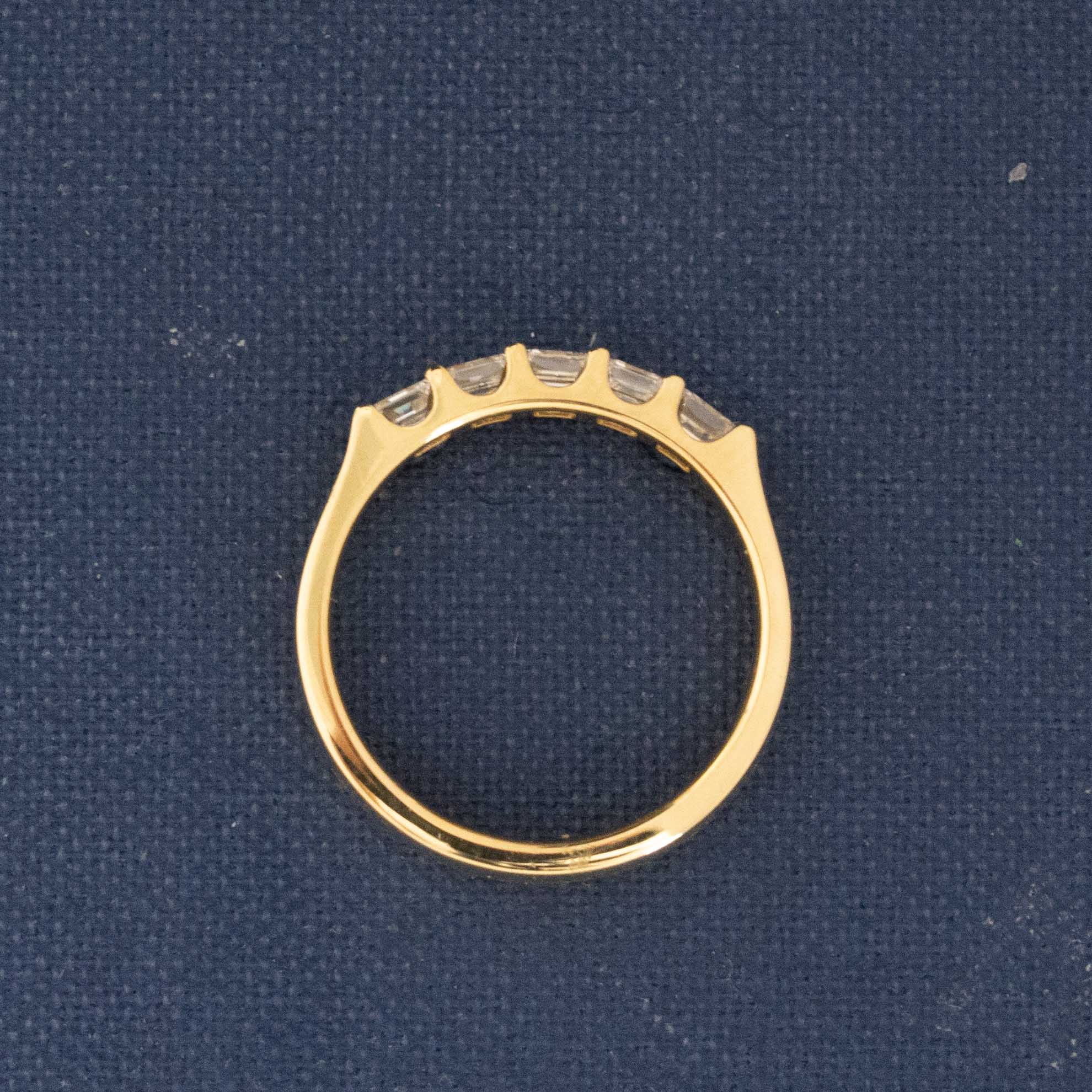 Side view of .64ctw Asscher Cut Diamond 5-Stone Band, natural Earth-mined Antique Diamonds in yellow gold